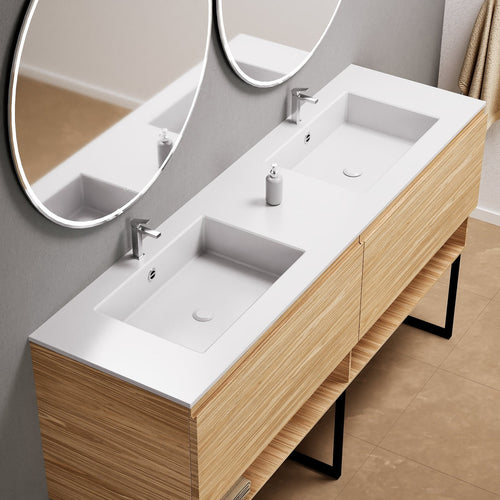 Aurora Double Set With Supporting Legs – Corian Sinks & Countertop with 2 Drawers Vanity & Bottom Shelves - ROVALUX