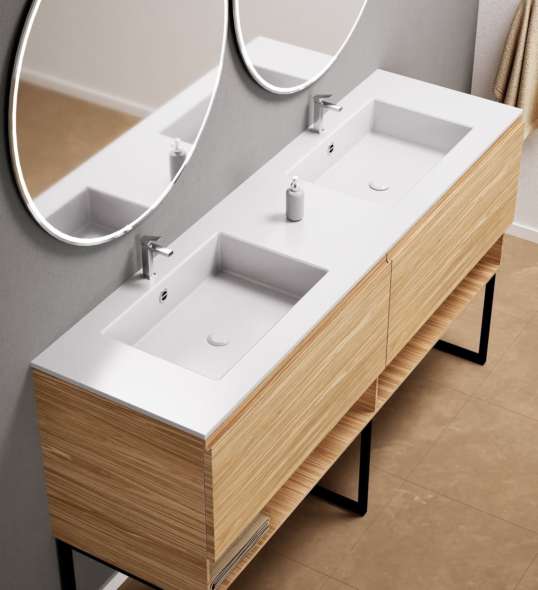 Aurora Double Set With Supporting Legs – Corian Sinks & Countertop with 2 Drawers Vanity & Bottom Shelves - ROVALUX