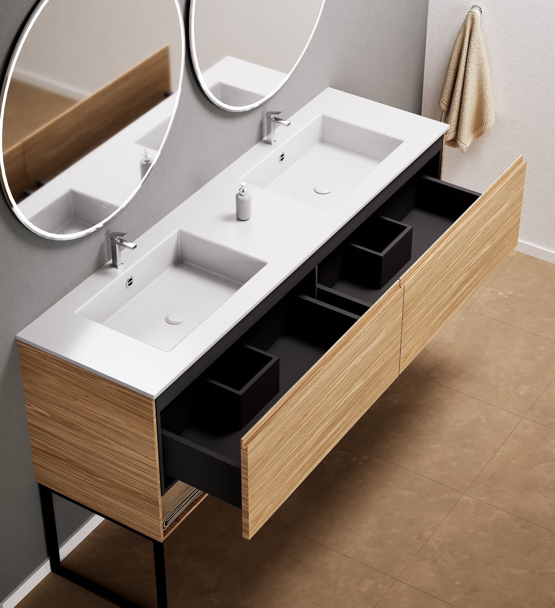 Aurora Double Set With Supporting Legs – Corian Sinks & Countertop with 2 Drawers Vanity & Bottom Shelves - ROVALUX
