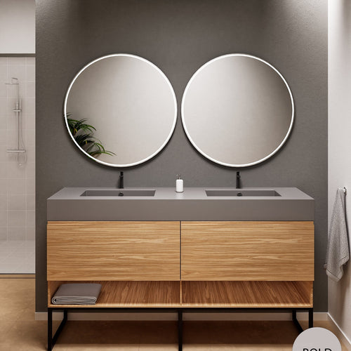 Aurora Double Set With Supporting Legs – Corian Sinks & Countertop with 2 Drawers Vanity & Bottom Shelves - ROVALUX