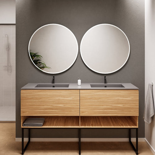 Aurora Double Set With Supporting Legs – Corian Sinks & Countertop with 2 Drawers Vanity & Bottom Shelves - ROVALUX