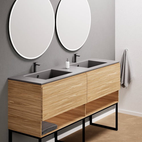 Aurora Double Set With Supporting Legs – Corian Sinks & Countertop with 2 Drawers Vanity & Bottom Shelves - ROVALUX