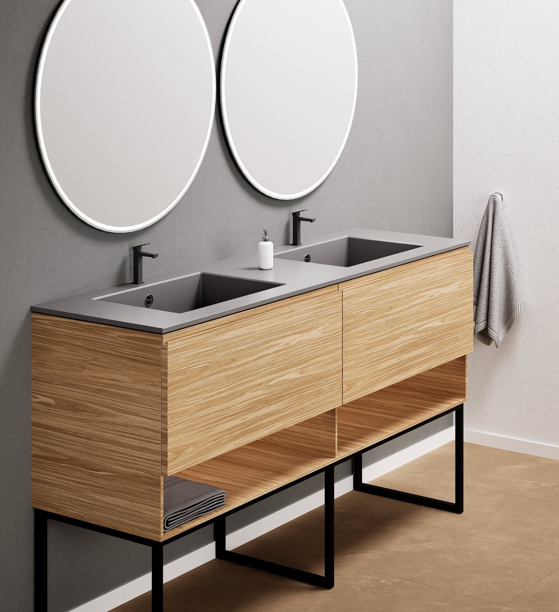 Aurora Double Set With Supporting Legs – Corian Sinks & Countertop with 2 Drawers Vanity & Bottom Shelves - ROVALUX