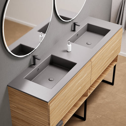 Aurora Double Set With Supporting Legs – Corian Sinks & Countertop with 2 Drawers Vanity & Bottom Shelves - ROVALUX