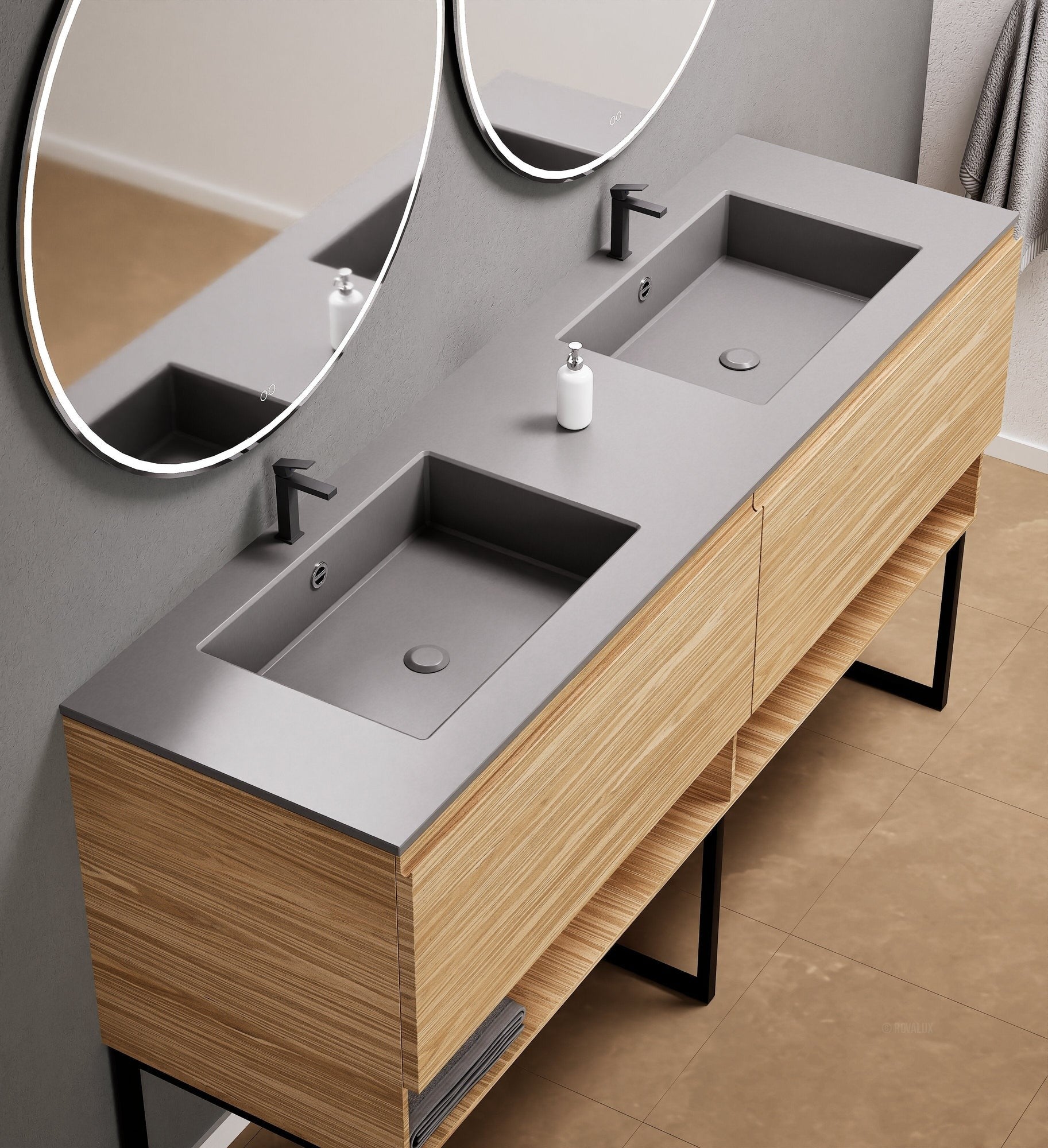 Aurora Double Set With Supporting Legs – Corian Sinks & Countertop with 2 Drawers Vanity & Bottom Shelves - ROVALUX