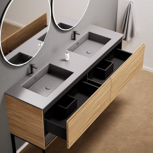 Aurora Double Set With Supporting Legs – Corian Sinks & Countertop with 2 Drawers Vanity & Bottom Shelves - ROVALUX
