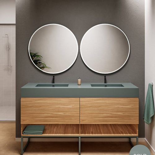 Aurora Double Set With Supporting Legs – Corian Sinks & Countertop with 2 Drawers Vanity & Bottom Shelves - ROVALUX