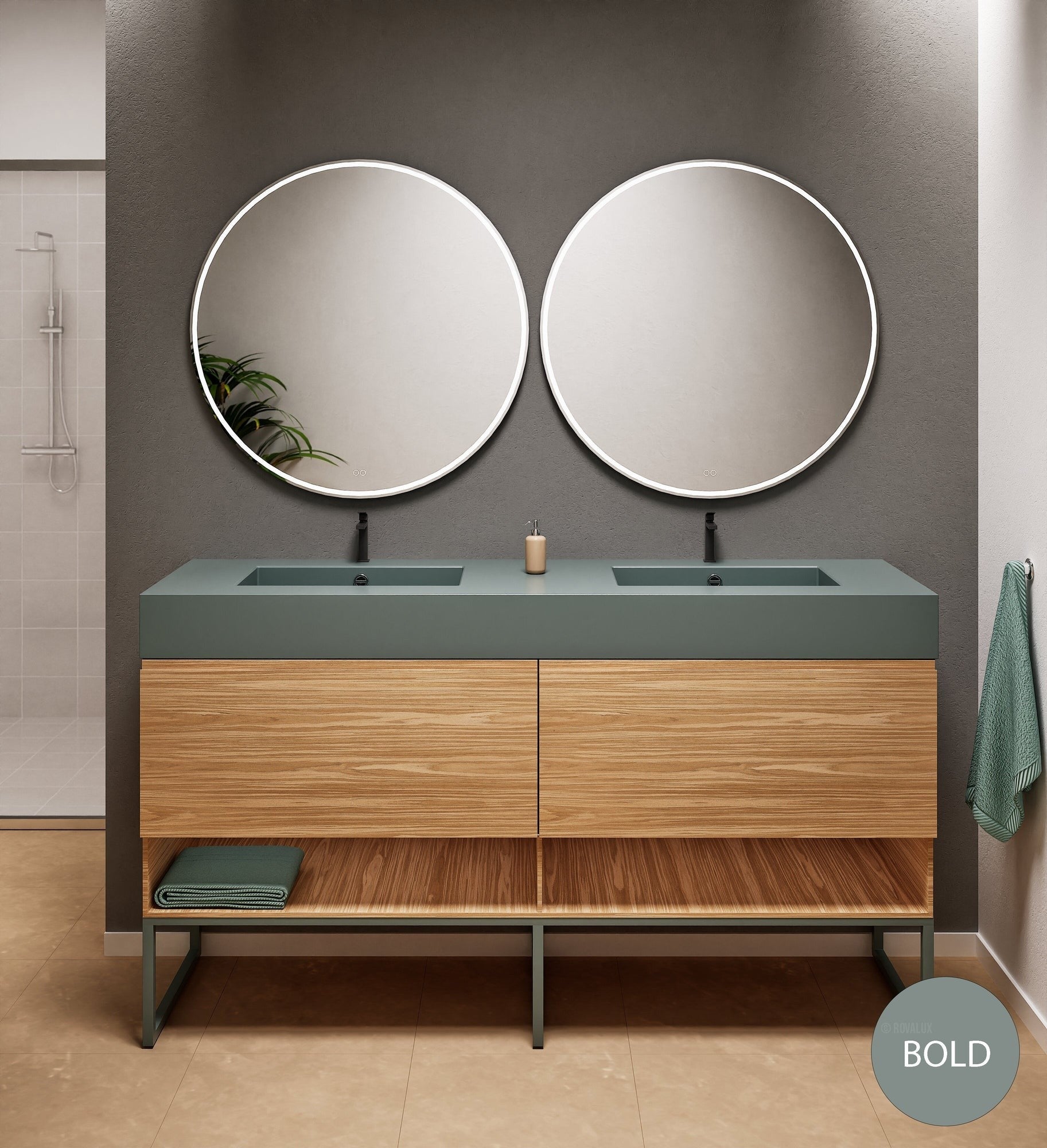 Aurora Double Set With Supporting Legs – Corian Sinks & Countertop with 2 Drawers Vanity & Bottom Shelves - ROVALUX