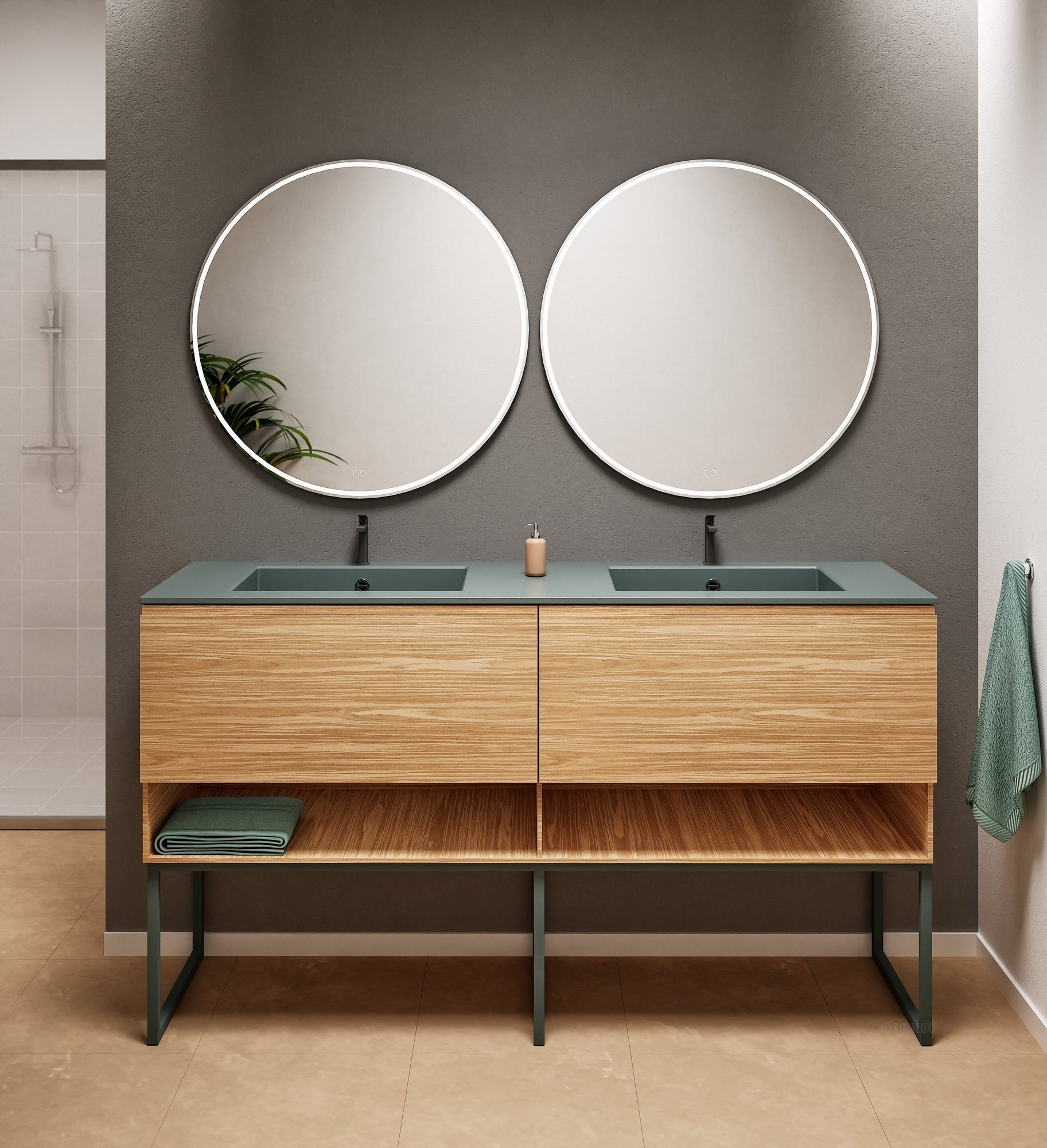 Aurora Double Set With Supporting Legs – Corian Sinks & Countertop with 2 Drawers Vanity & Bottom Shelves - ROVALUX
