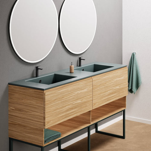 Aurora Double Set With Supporting Legs – Corian Sinks & Countertop with 2 Drawers Vanity & Bottom Shelves - ROVALUX