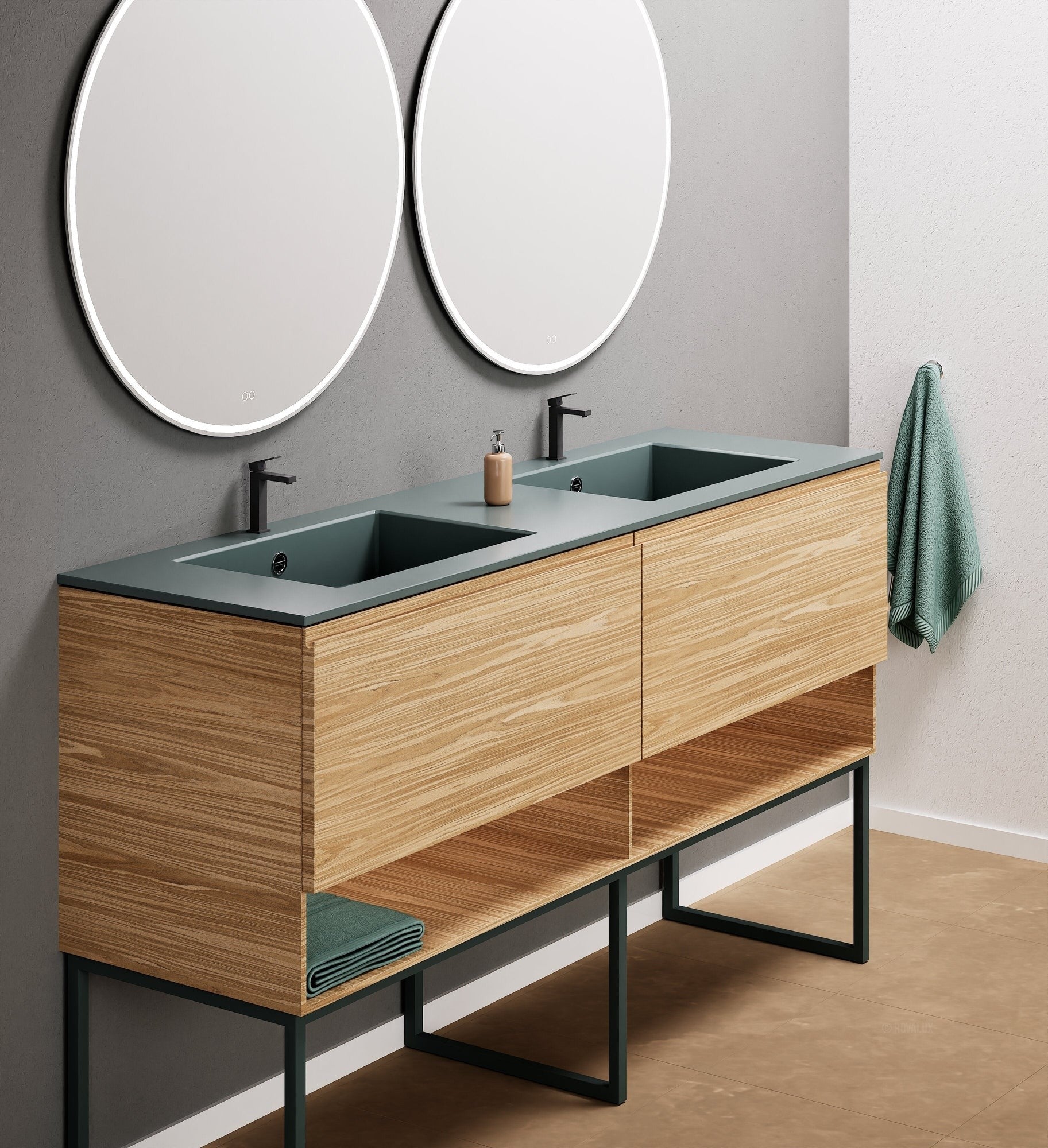 Aurora Double Set With Supporting Legs – Corian Sinks & Countertop with 2 Drawers Vanity & Bottom Shelves - ROVALUX