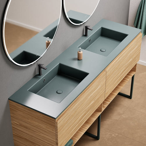 Aurora Double Set With Supporting Legs – Corian Sinks & Countertop with 2 Drawers Vanity & Bottom Shelves - ROVALUX