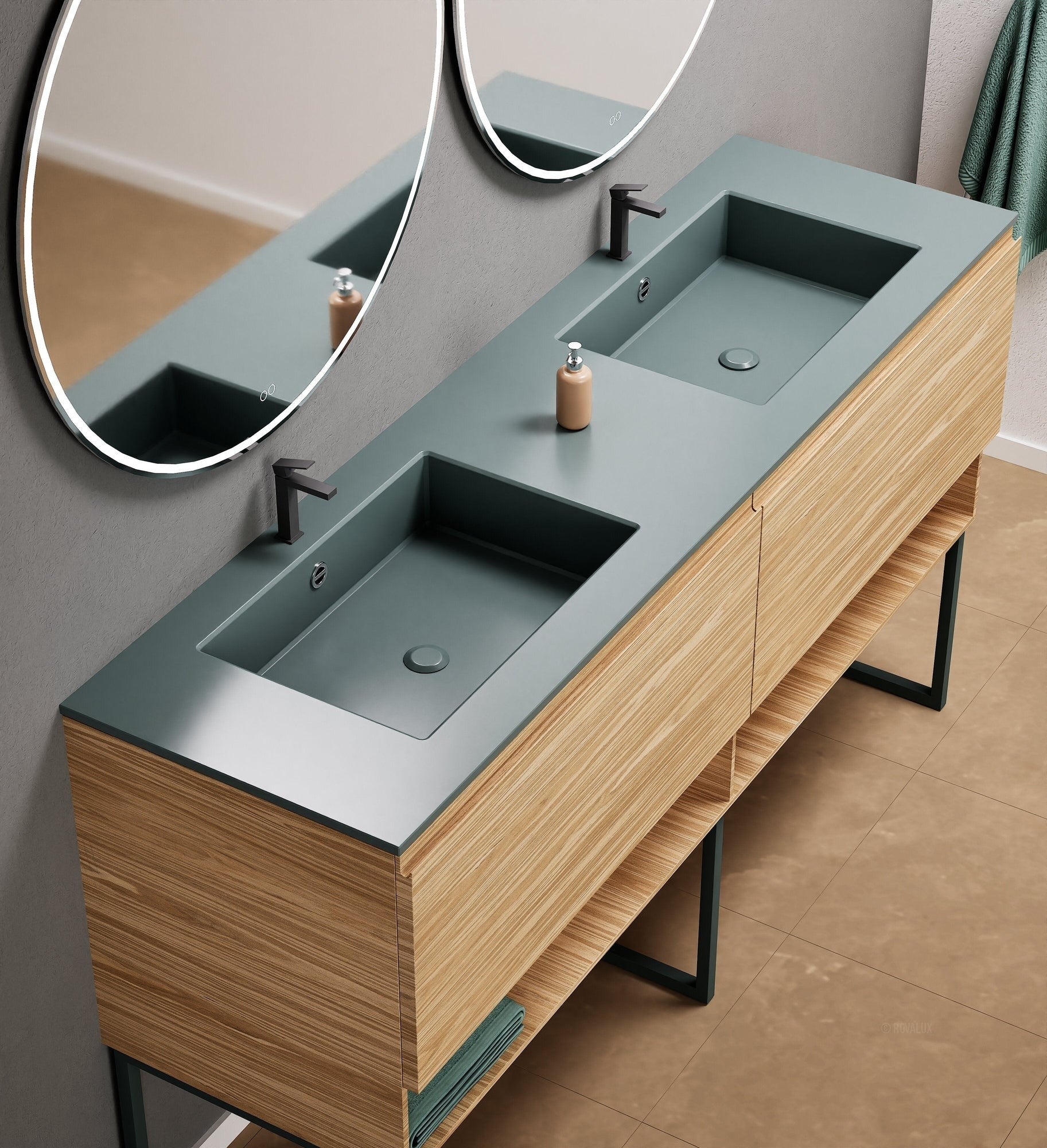 Aurora Double Set With Supporting Legs – Corian Sinks & Countertop with 2 Drawers Vanity & Bottom Shelves - ROVALUX