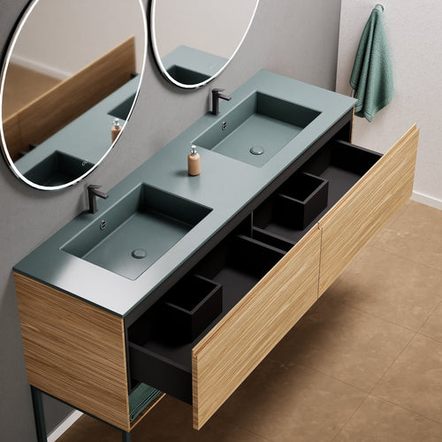 Aurora Double Set With Supporting Legs – Corian Sinks & Countertop with 2 Drawers Vanity & Bottom Shelves - ROVALUX