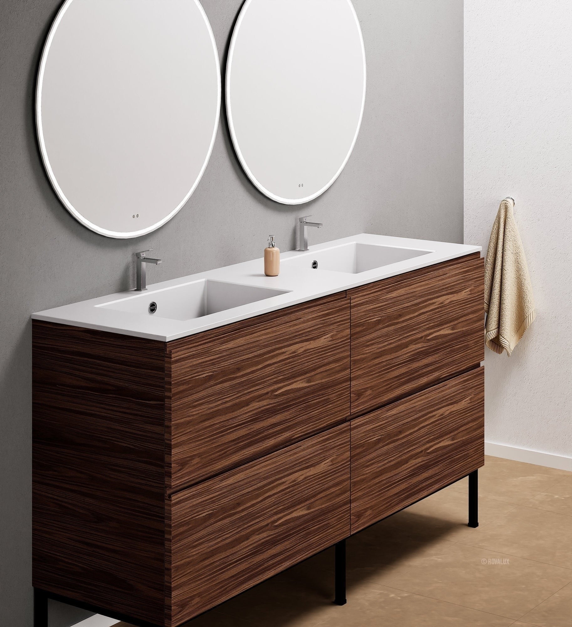 Aurora – Double Corian® Basin Unit with 4 Drawers and Feet-Standing Vanity - ROVALUX