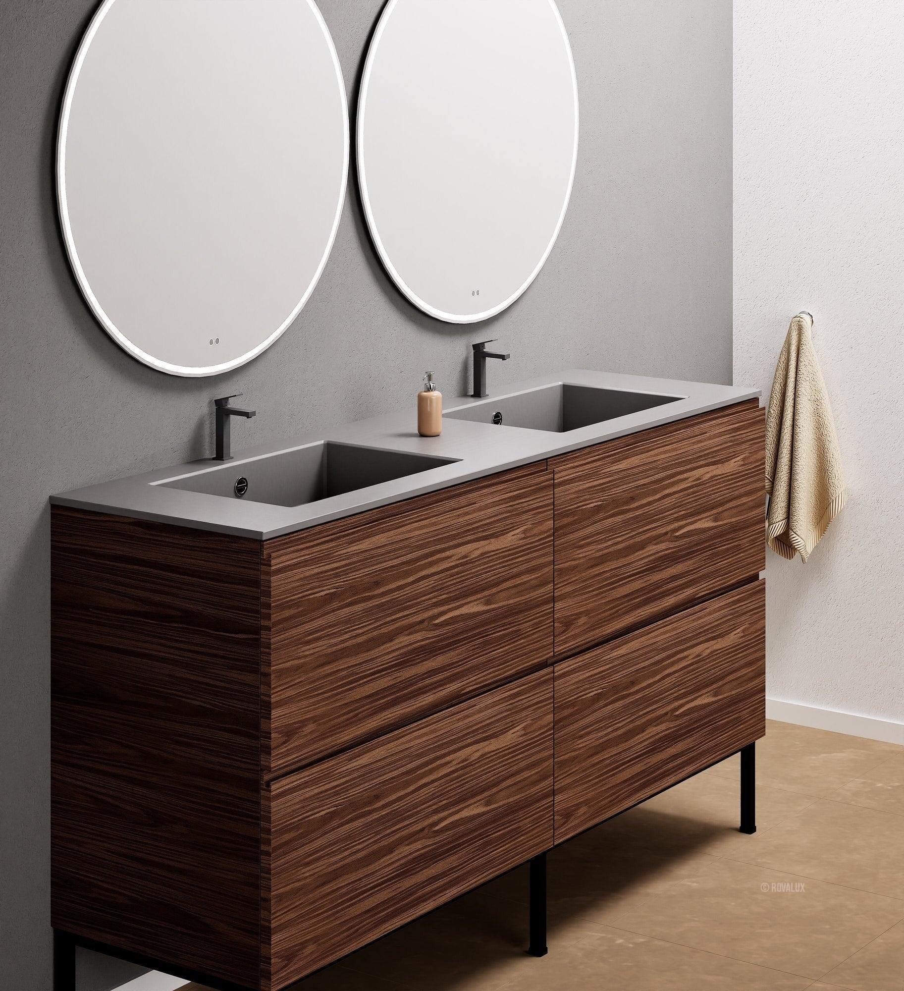 Aurora – Double Corian® Basin Unit with 4 Drawers and Feet-Standing Vanity - ROVALUX