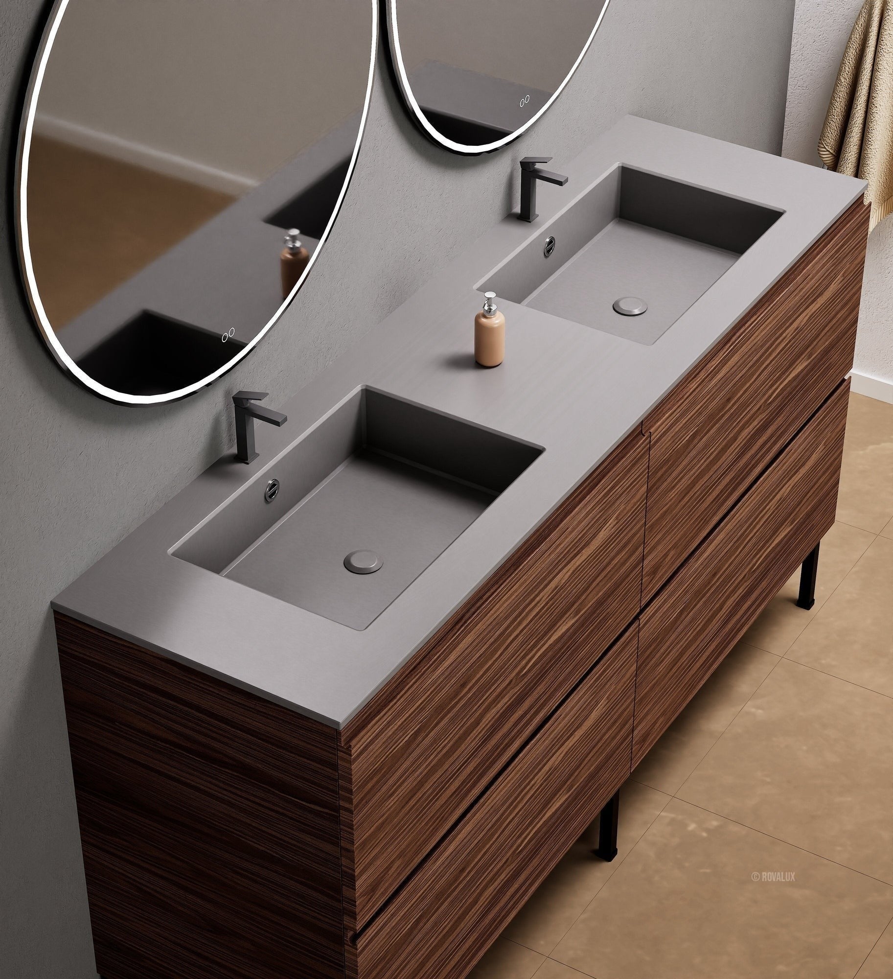 Aurora – Double Corian® Basin Unit with 4 Drawers and Feet-Standing Vanity - ROVALUX