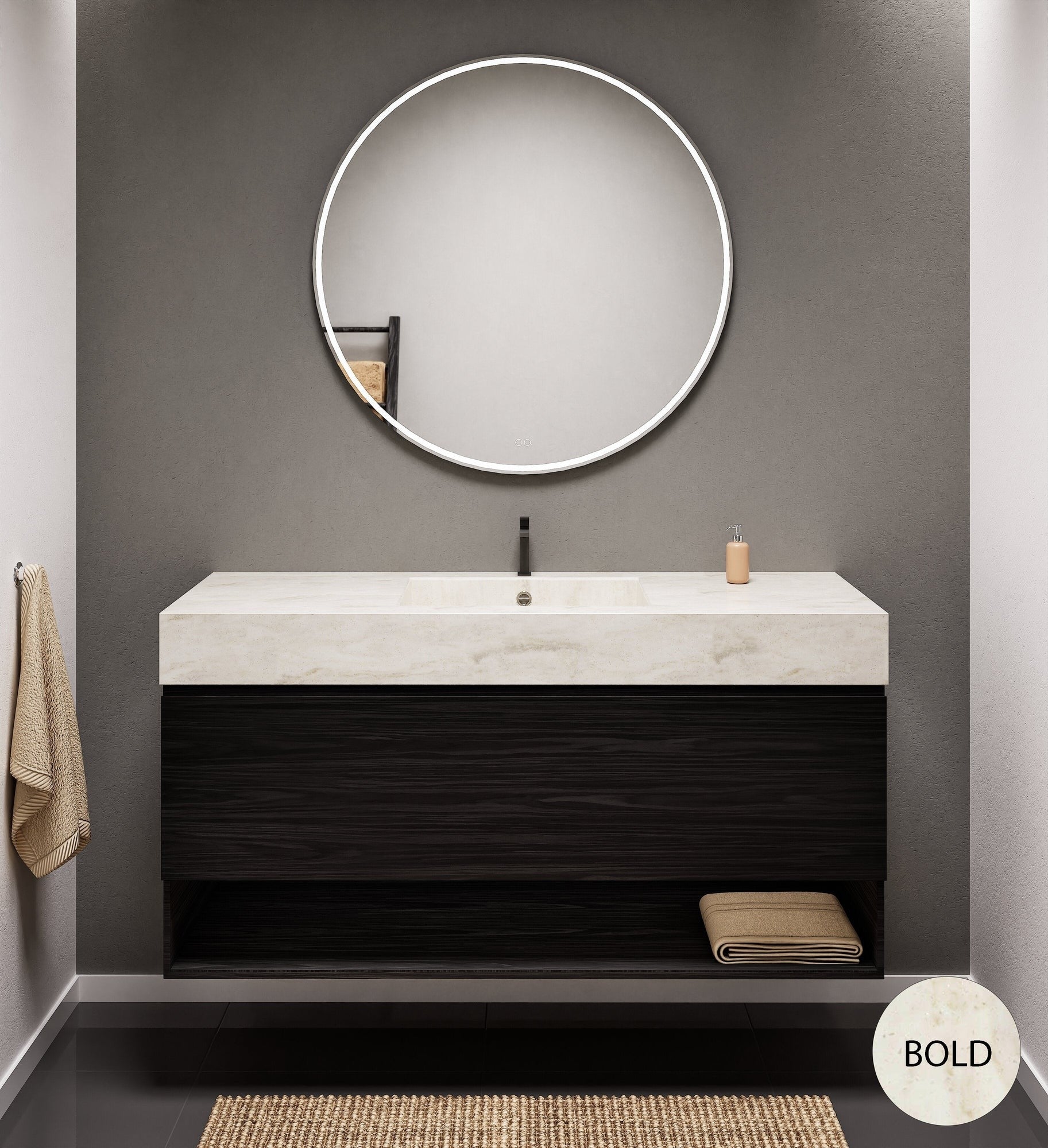 Aurora Single Set – Corian Basin & Countertop with 1 Drawer Vanity & Bottom Shelf - ROVALUX