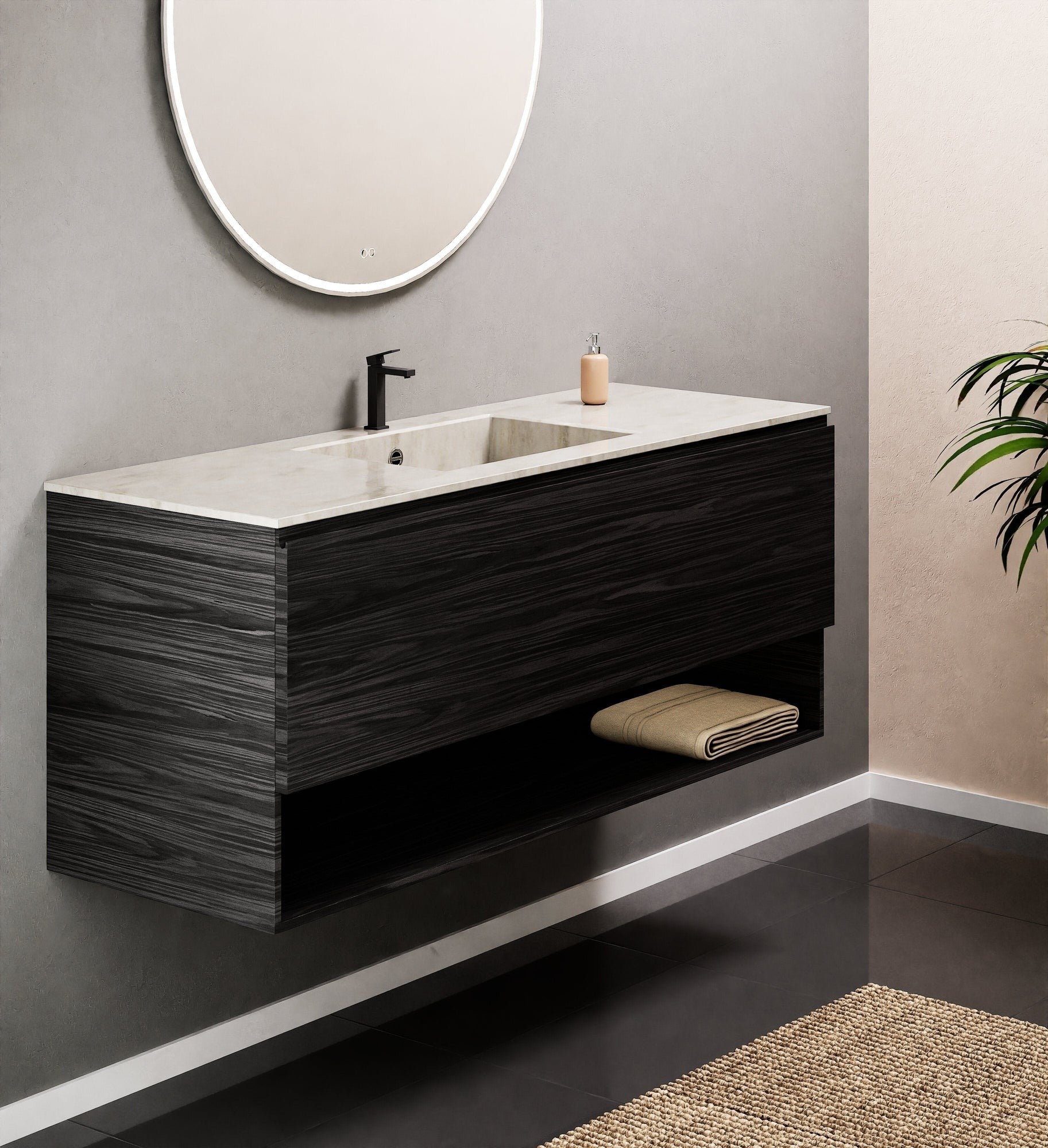 Aurora Single Set – Corian Basin & Countertop with 1 Drawer Vanity & Bottom Shelf - ROVALUX
