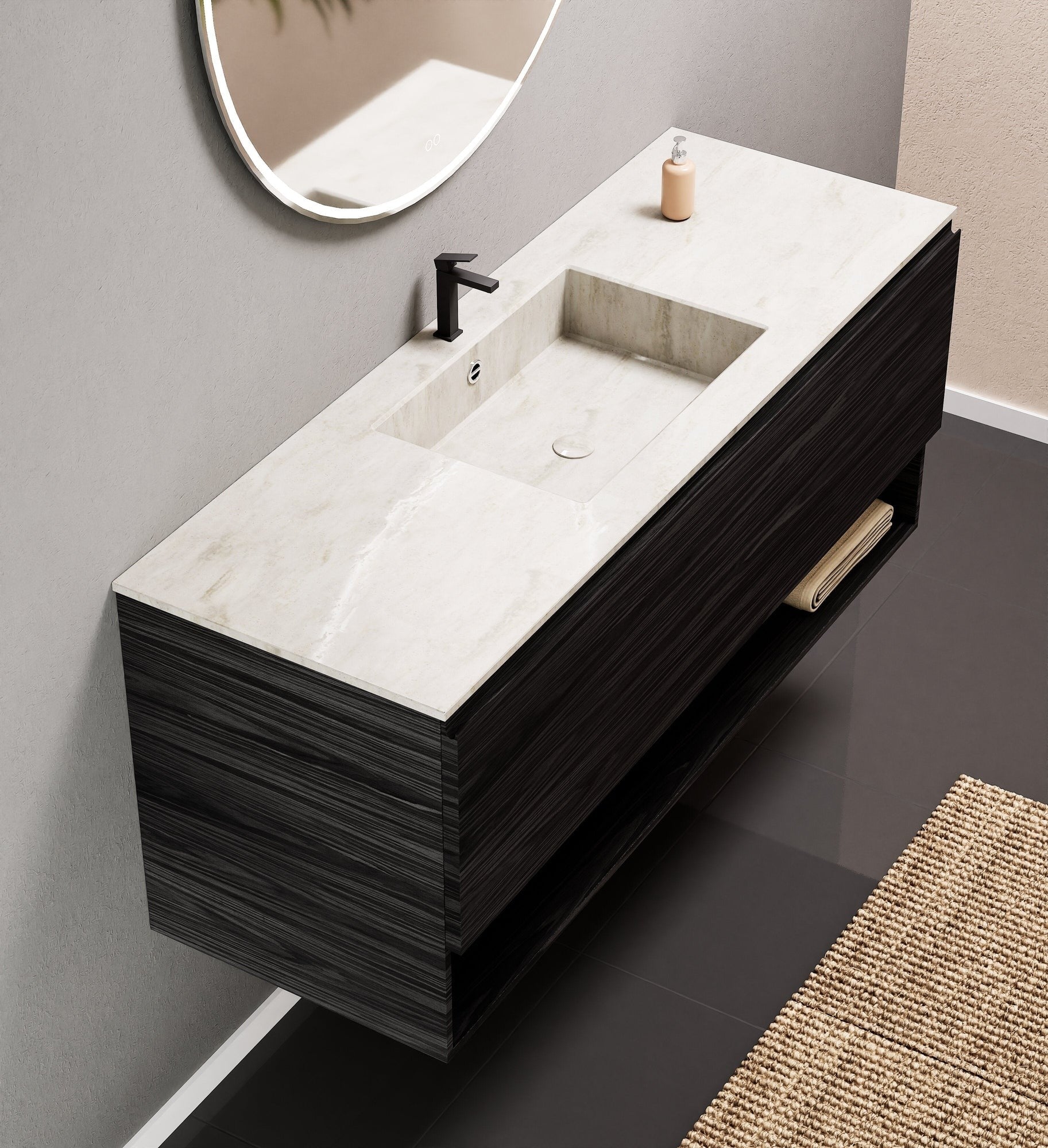 Aurora Single Set – Corian Basin & Countertop with 1 Drawer Vanity & Bottom Shelf - ROVALUX
