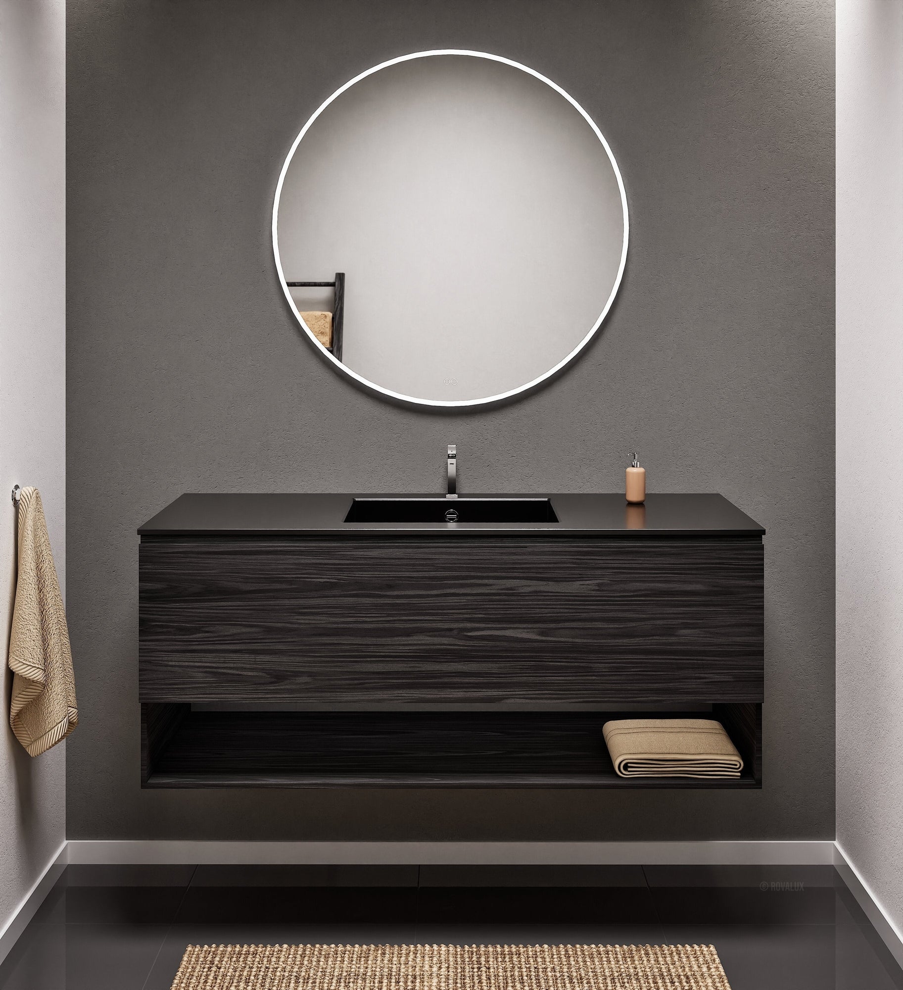 Aurora Single Set – Corian Basin & Countertop with 1 Drawer Vanity & Bottom Shelf - ROVALUX