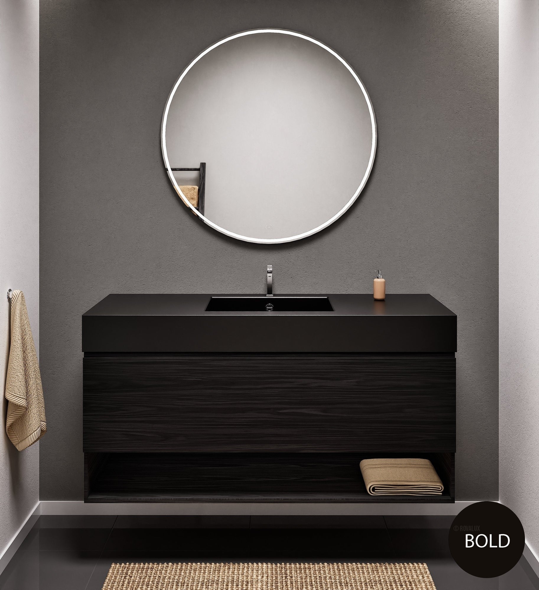 Aurora Single Set – Corian Basin & Countertop with 1 Drawer Vanity & Bottom Shelf - ROVALUX