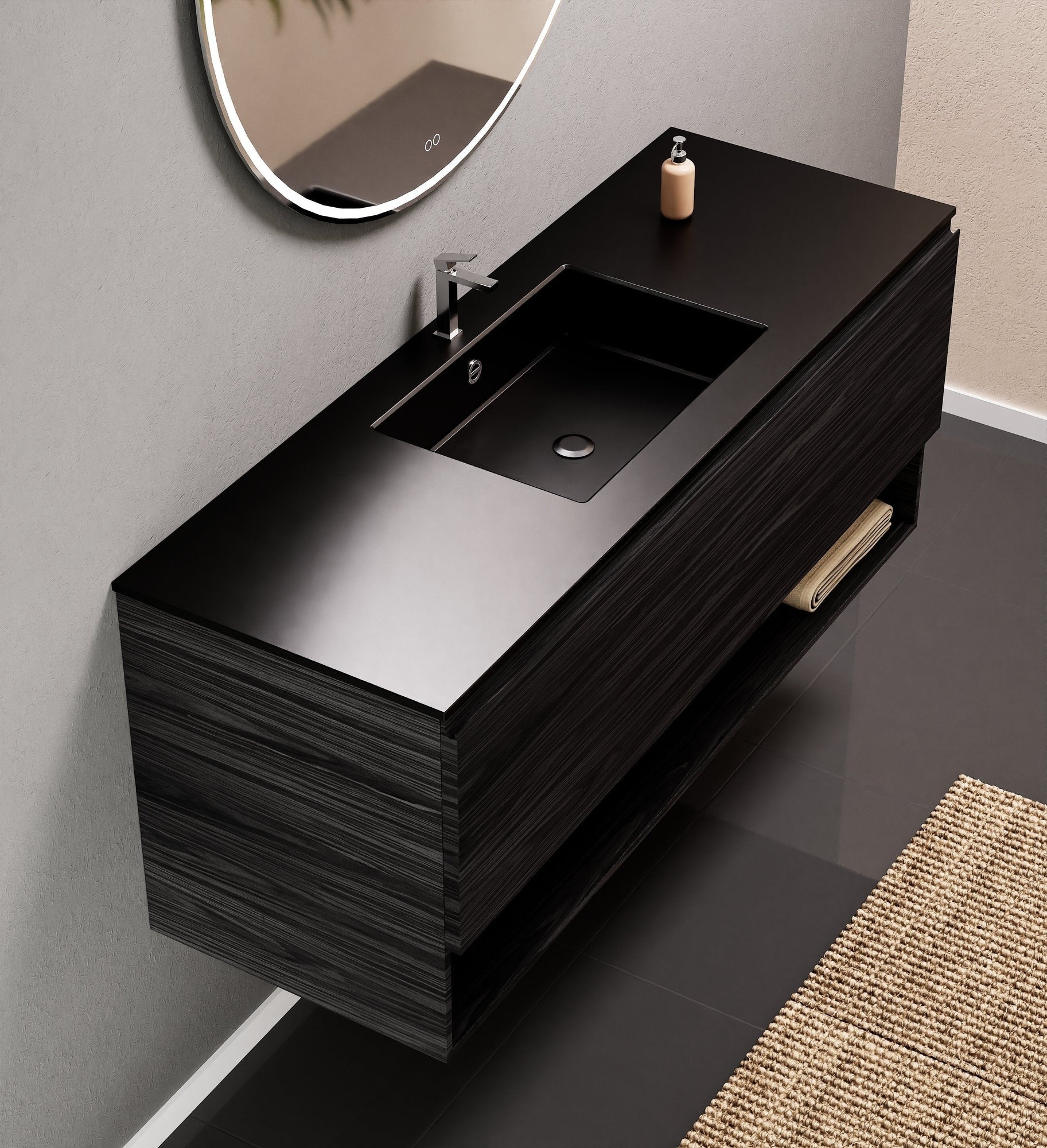 Aurora Single Set – Corian Basin & Countertop with 1 Drawer Vanity & Bottom Shelf - ROVALUX