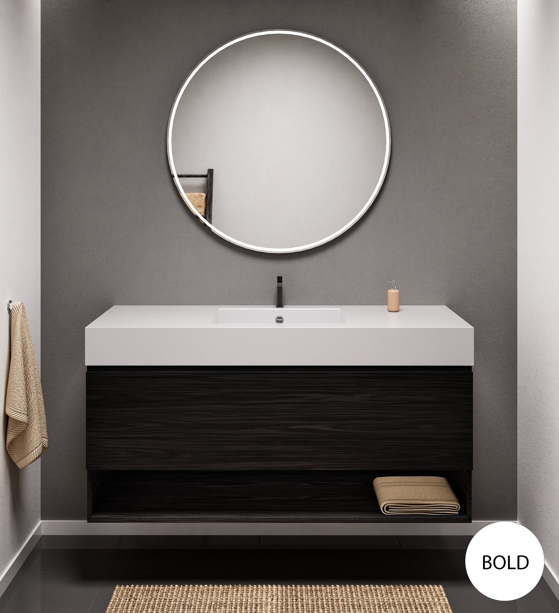 Aurora Single Set – Corian Basin & Countertop with 1 Drawer Vanity & Bottom Shelf - ROVALUX