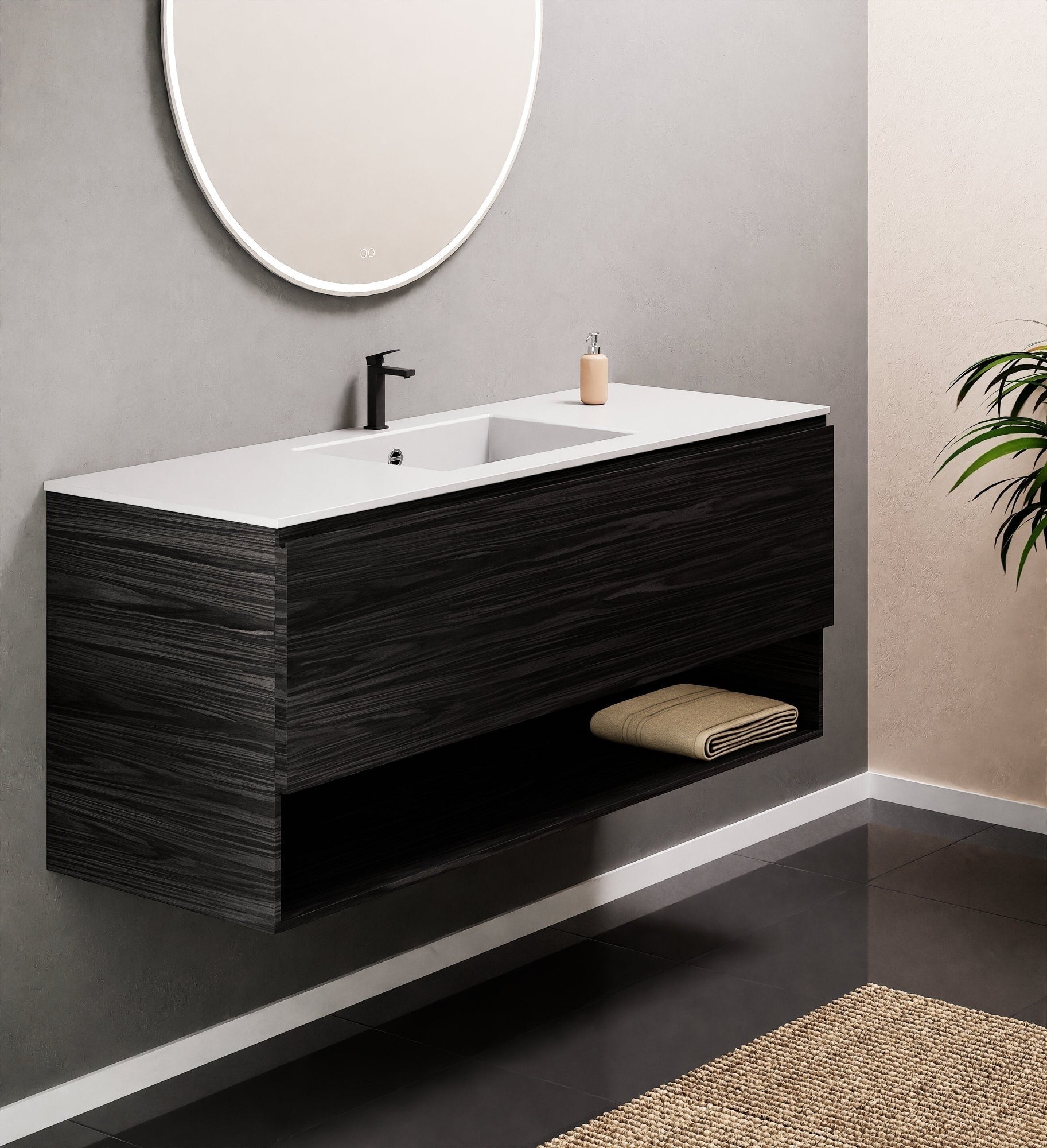 Aurora Single Set – Corian Basin & Countertop with 1 Drawer Vanity & Bottom Shelf - ROVALUX