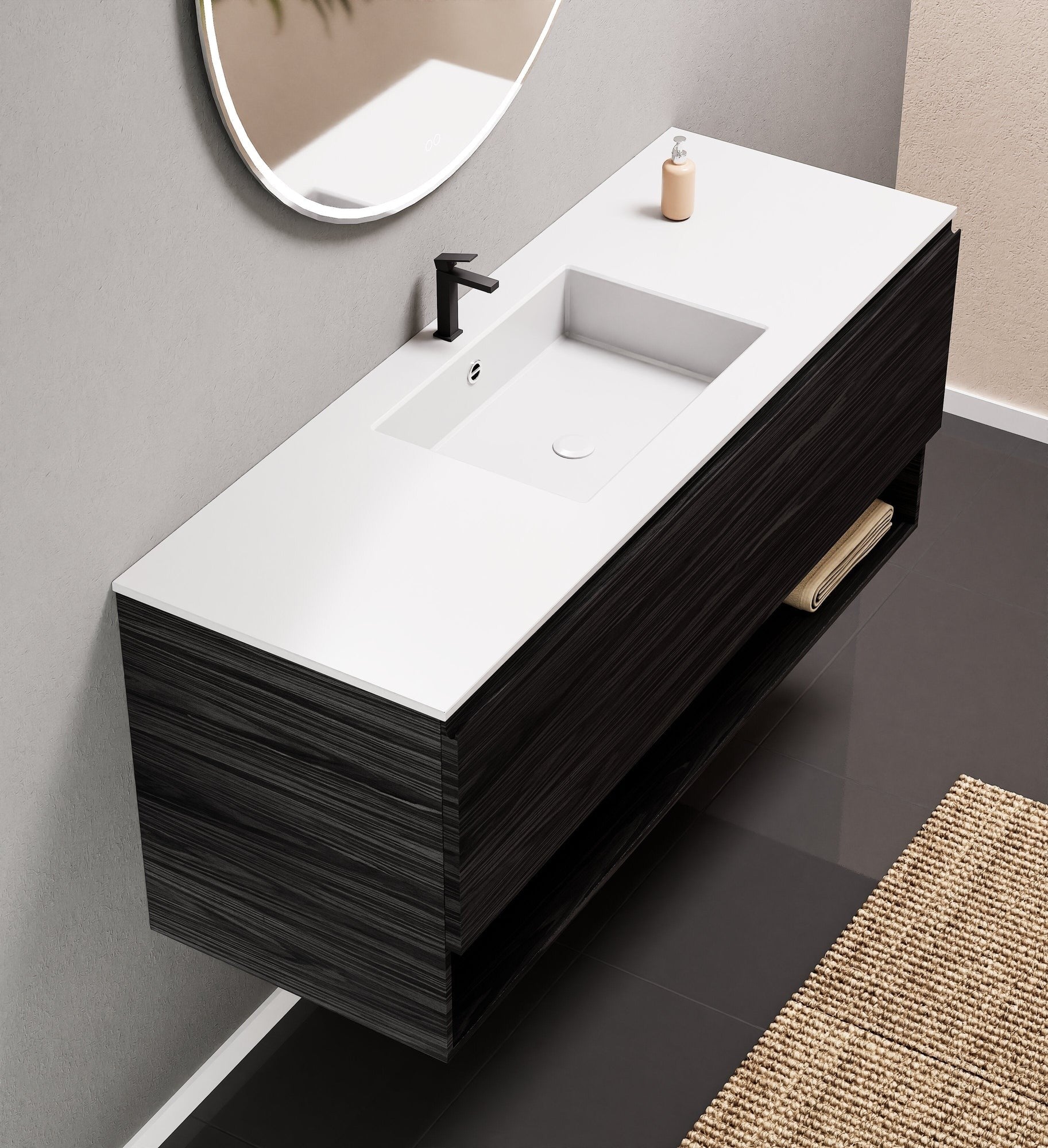 Aurora Single Set – Corian Basin & Countertop with 1 Drawer Vanity & Bottom Shelf - ROVALUX