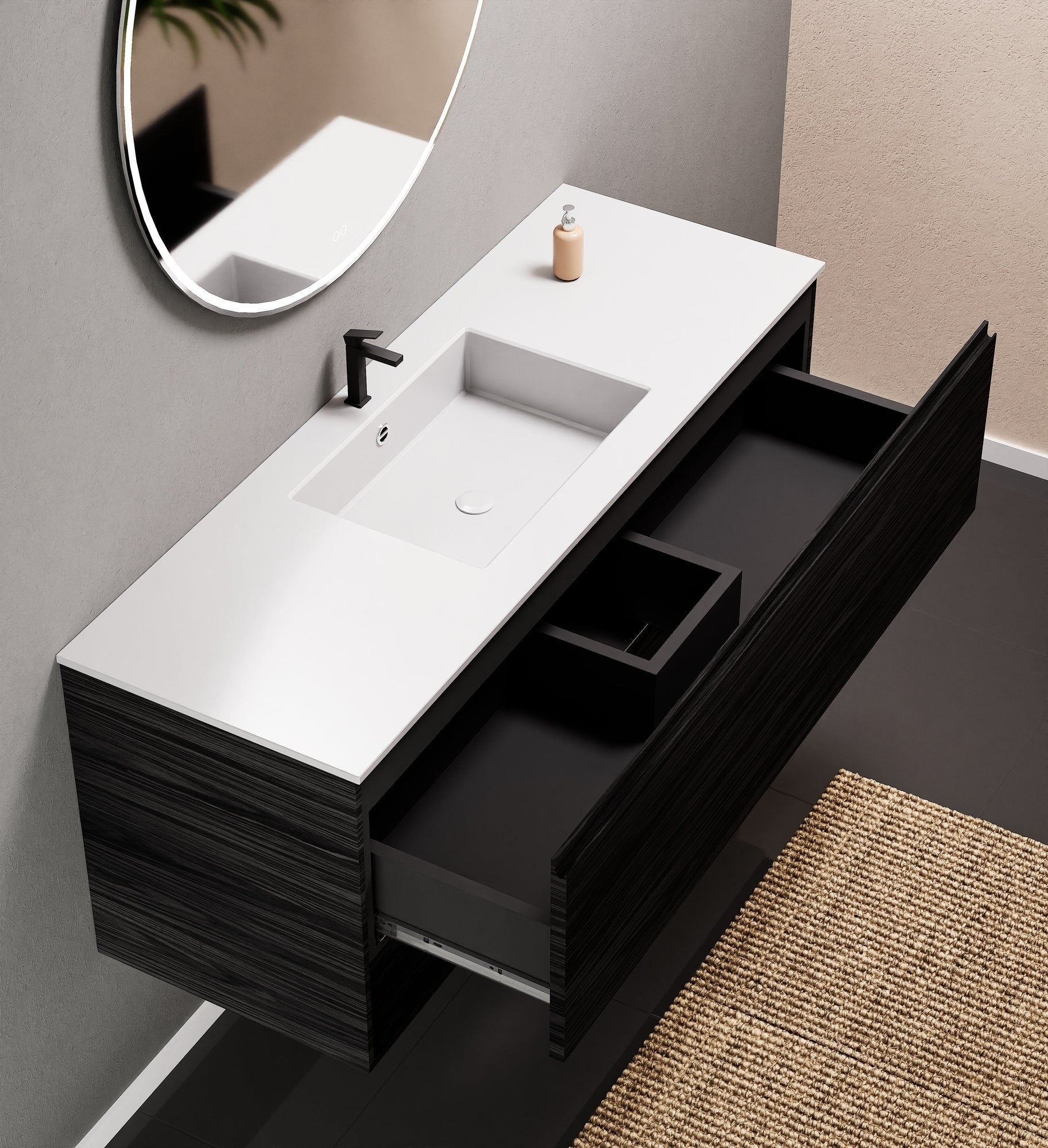 Aurora Single Set – Corian Basin & Countertop with 1 Drawer Vanity & Bottom Shelf - ROVALUX