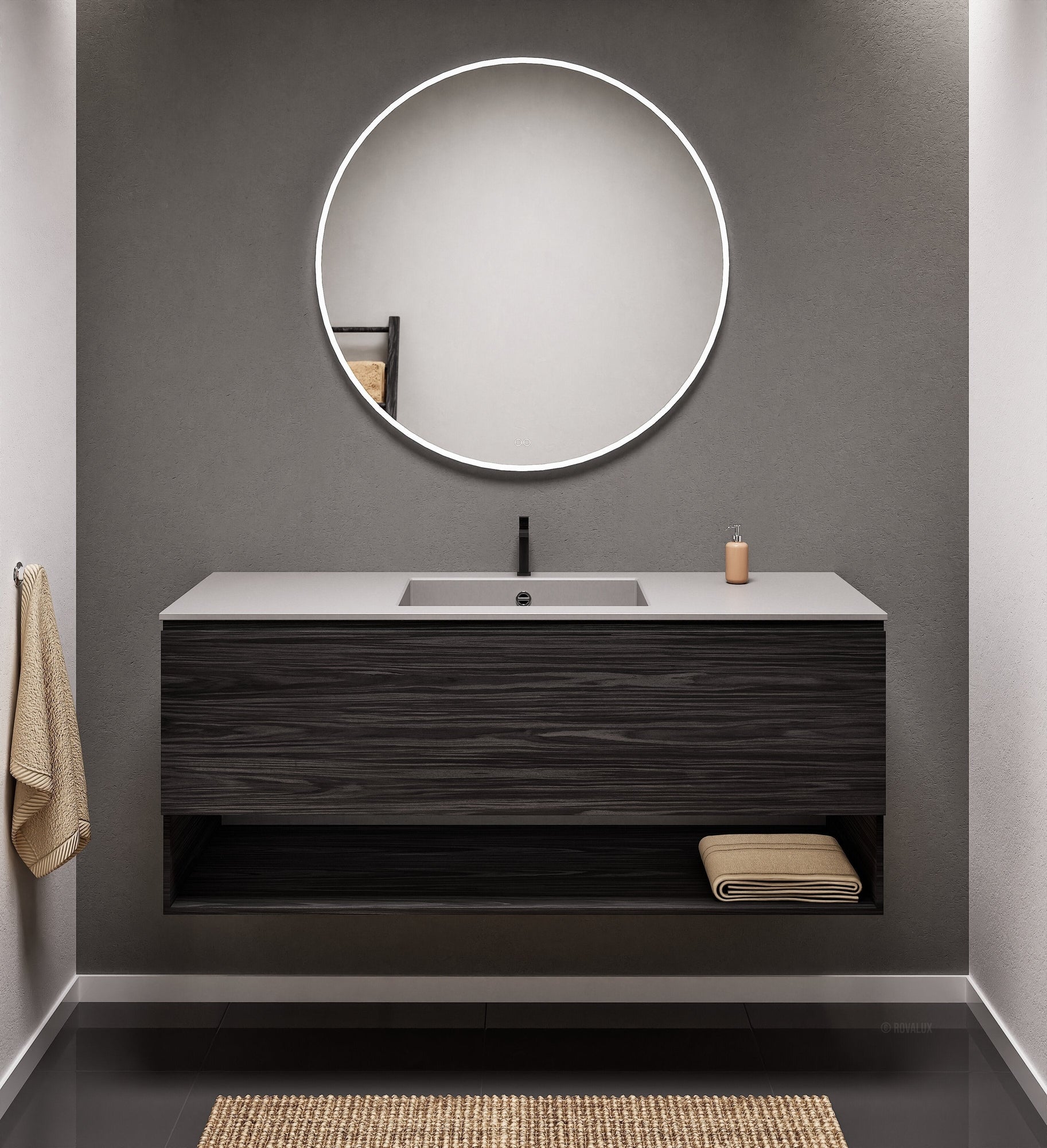 Aurora Single Set – Corian Basin & Countertop with 1 Drawer Vanity & Bottom Shelf - ROVALUX