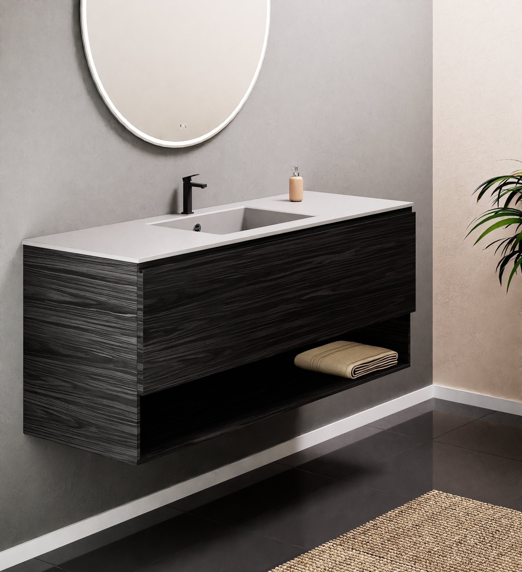 Aurora Single Set – Corian Basin & Countertop with 1 Drawer Vanity & Bottom Shelf - ROVALUX