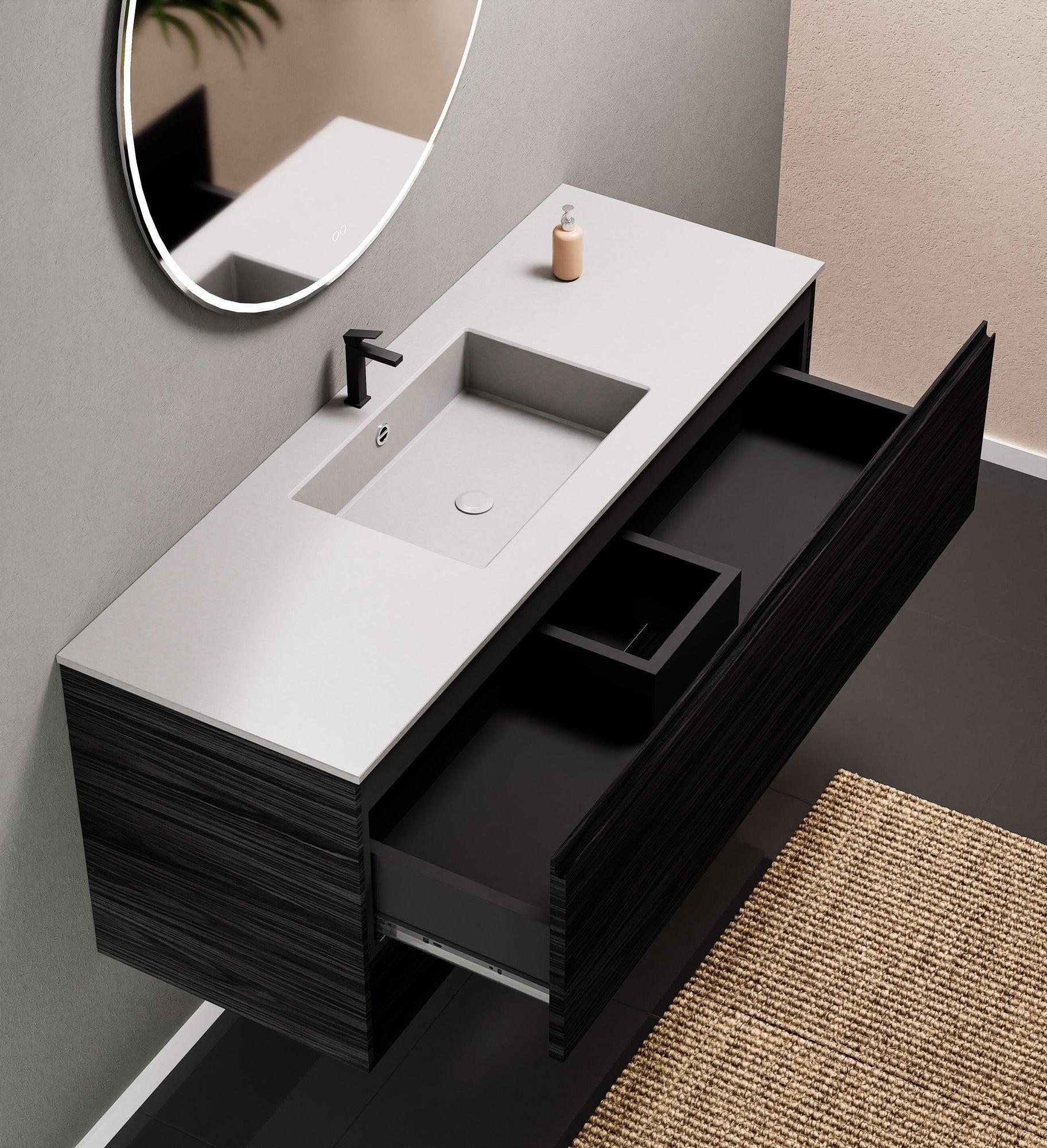 Aurora Single Set – Corian Basin & Countertop with 1 Drawer Vanity & Bottom Shelf - ROVALUX
