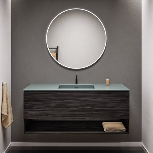 Aurora Single Set – Corian Basin & Countertop with 1 Drawer Vanity & Bottom Shelf - ROVALUX