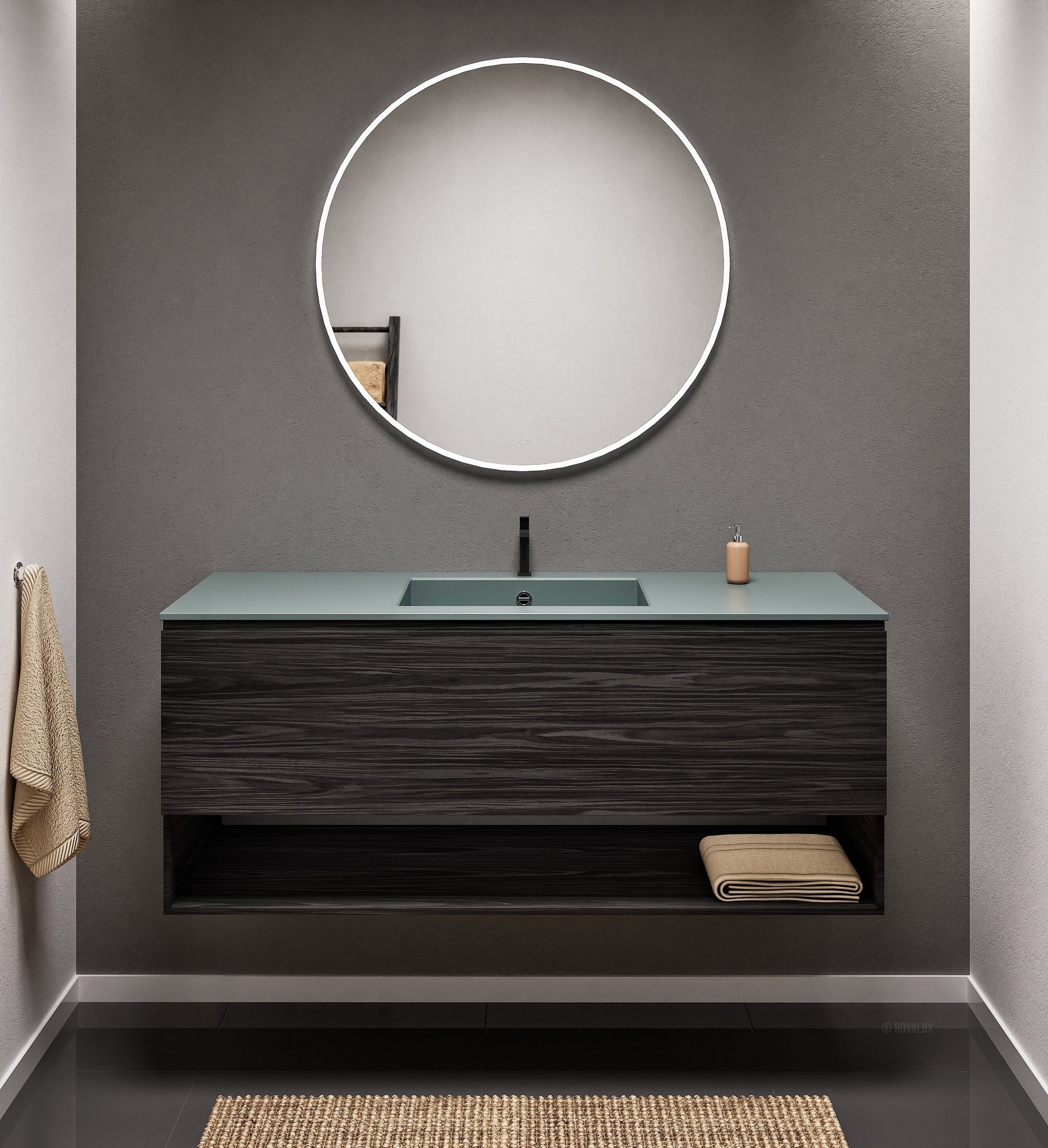 Aurora Single Set – Corian Basin & Countertop with 1 Drawer Vanity & Bottom Shelf - ROVALUX