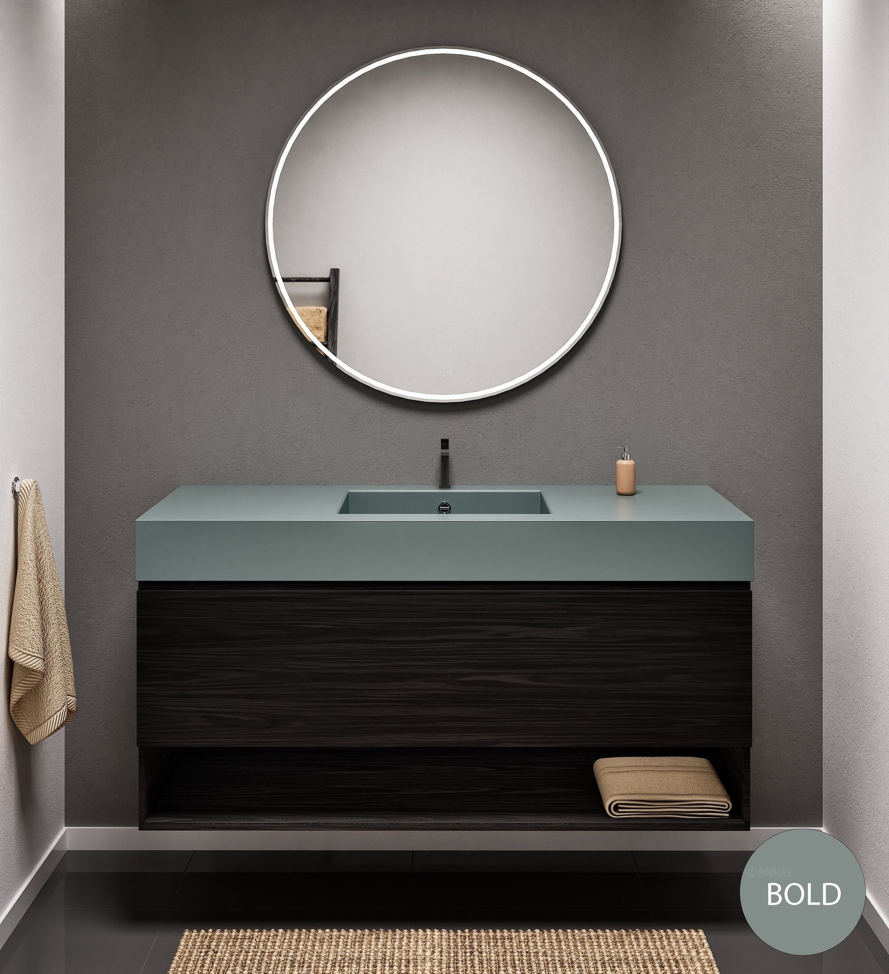 Aurora Single Set – Corian Basin & Countertop with 1 Drawer Vanity & Bottom Shelf - ROVALUX