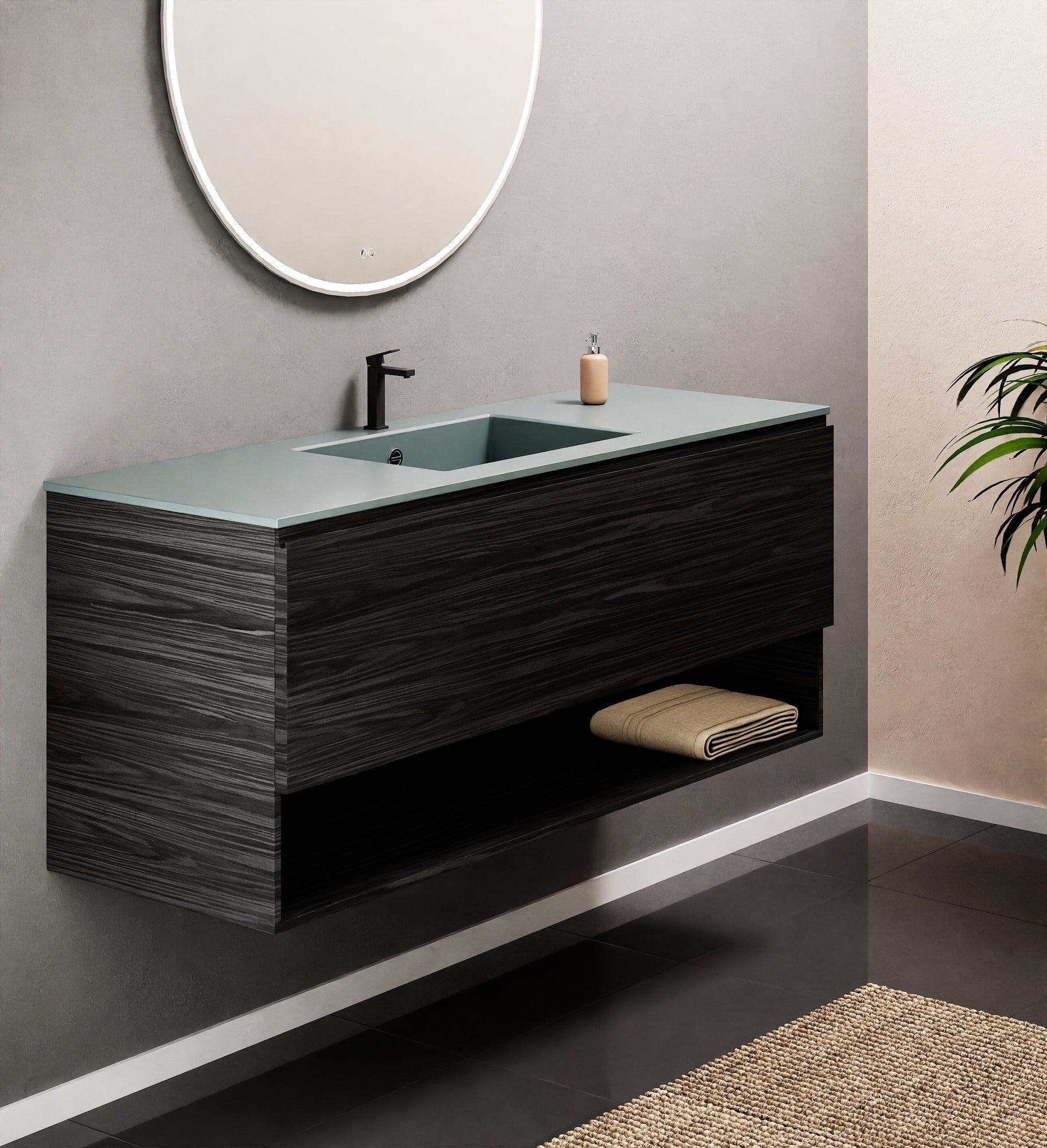 Aurora Single Set – Corian Basin & Countertop with 1 Drawer Vanity & Bottom Shelf - ROVALUX