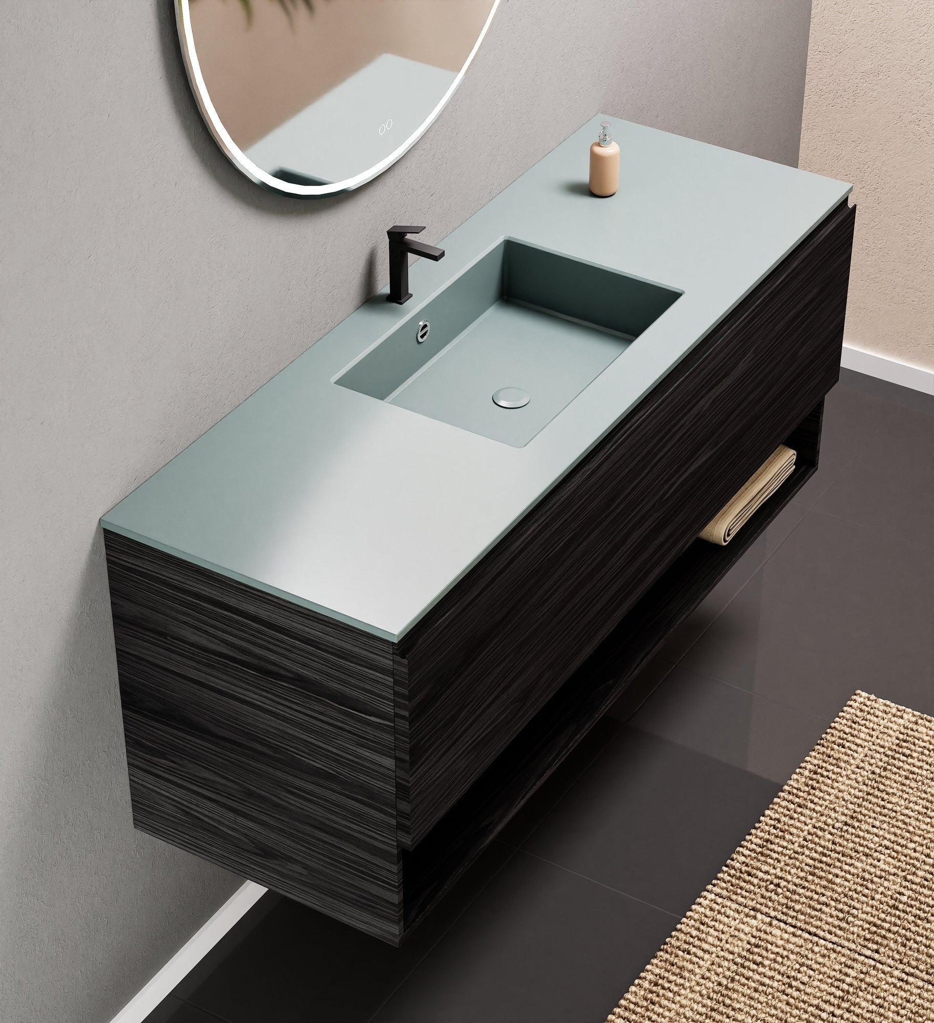 Aurora Single Set – Corian Basin & Countertop with 1 Drawer Vanity & Bottom Shelf - ROVALUX