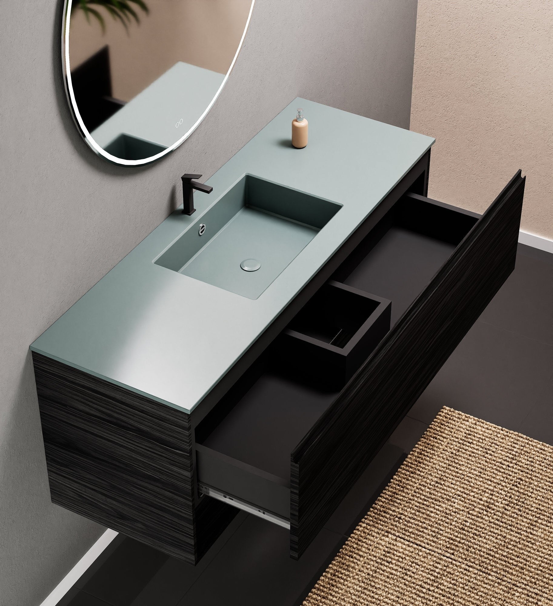 Aurora Single Set – Corian Basin & Countertop with 1 Drawer Vanity & Bottom Shelf - ROVALUX