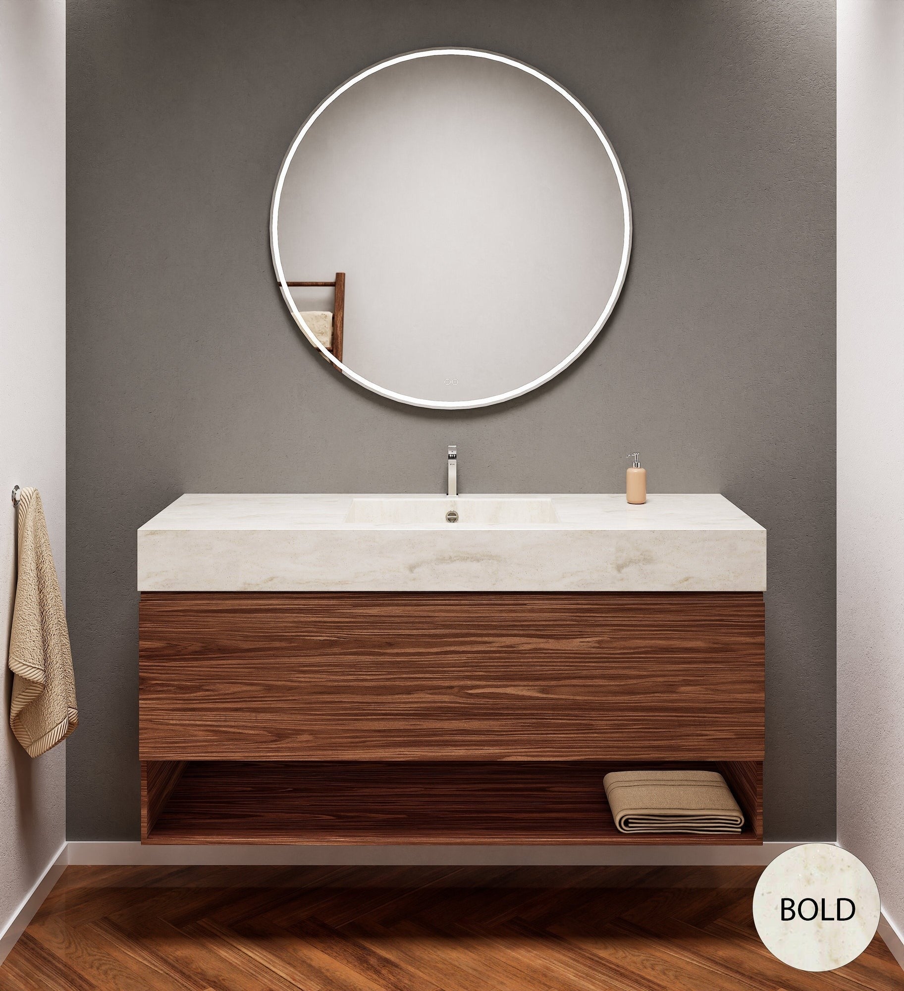 Aurora Single Set – Corian Basin & Countertop with 1 Drawer Vanity & Bottom Shelf - ROVALUX