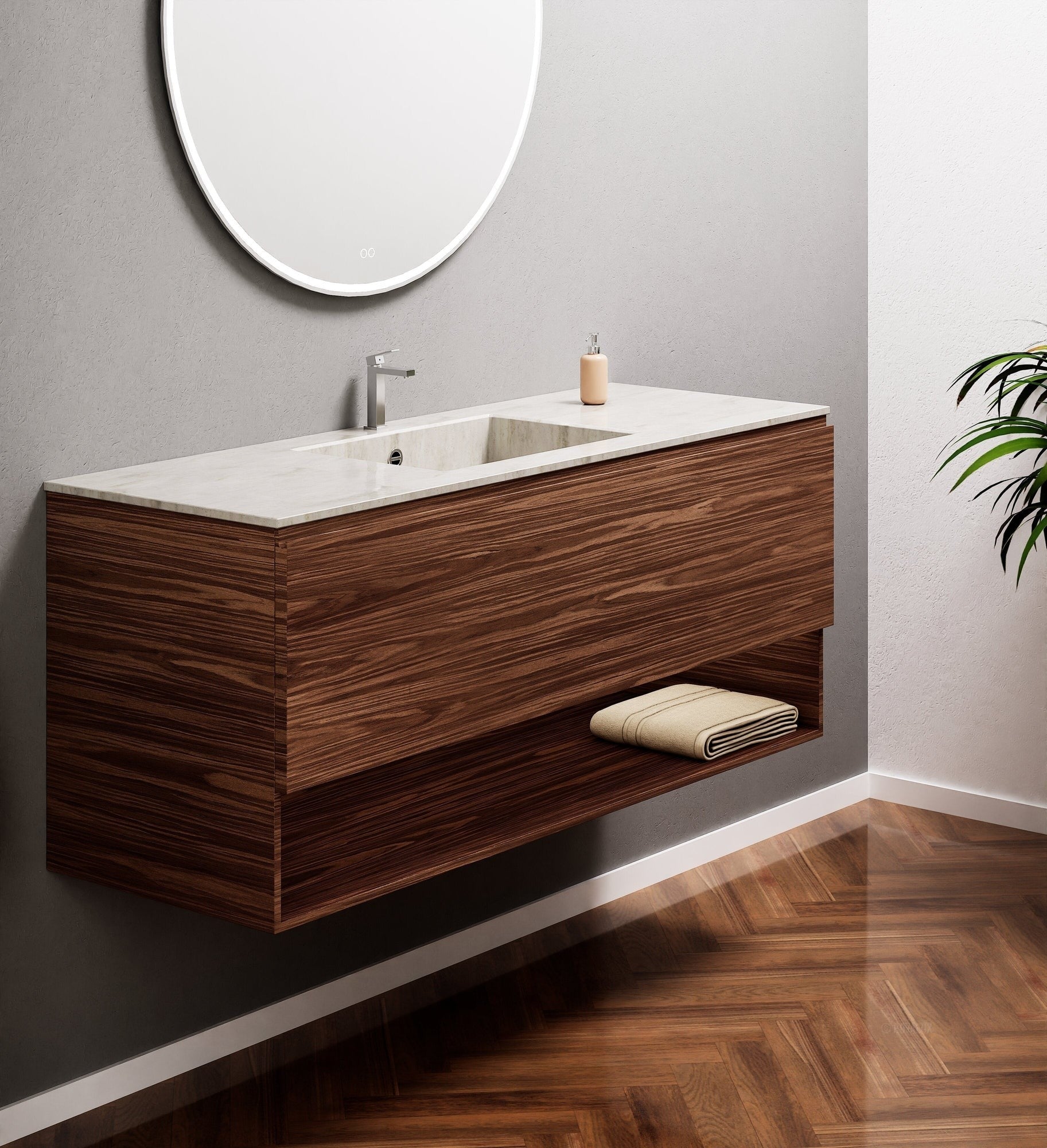 Aurora Single Set – Corian Basin & Countertop with 1 Drawer Vanity & Bottom Shelf - ROVALUX