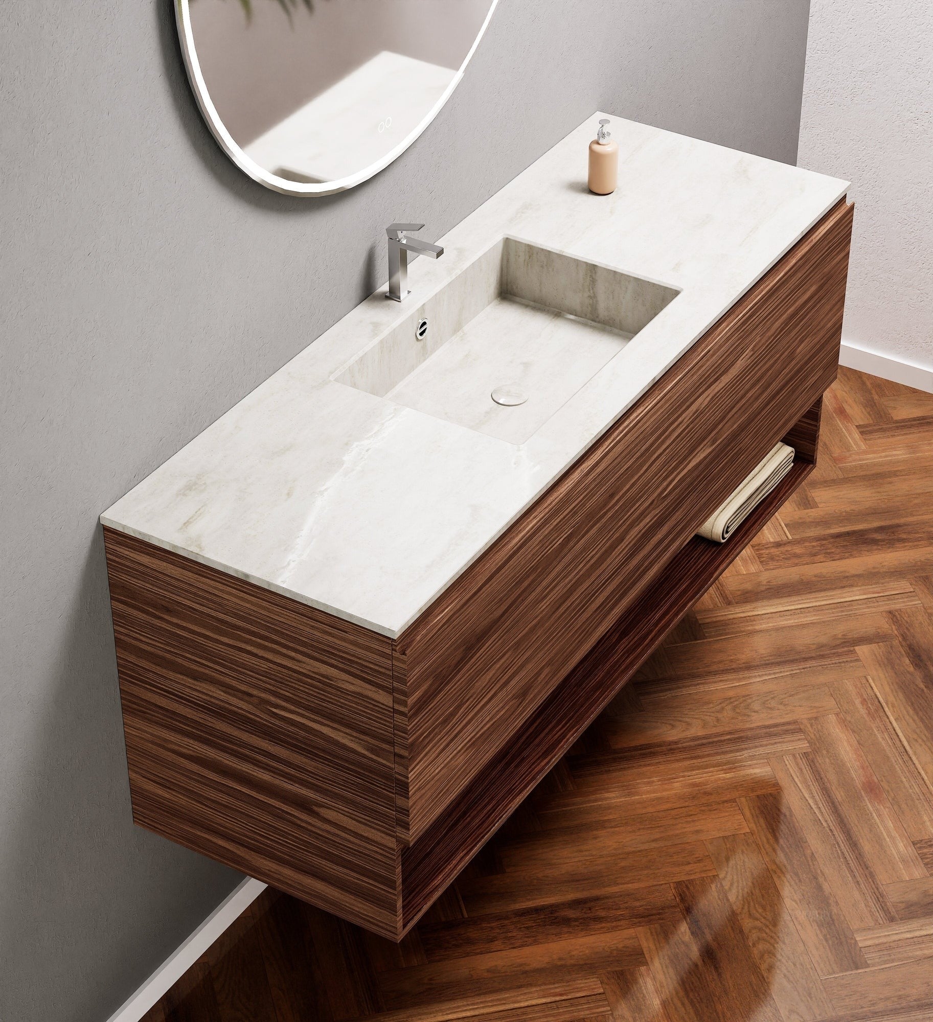 Aurora Single Set – Corian Basin & Countertop with 1 Drawer Vanity & Bottom Shelf - ROVALUX