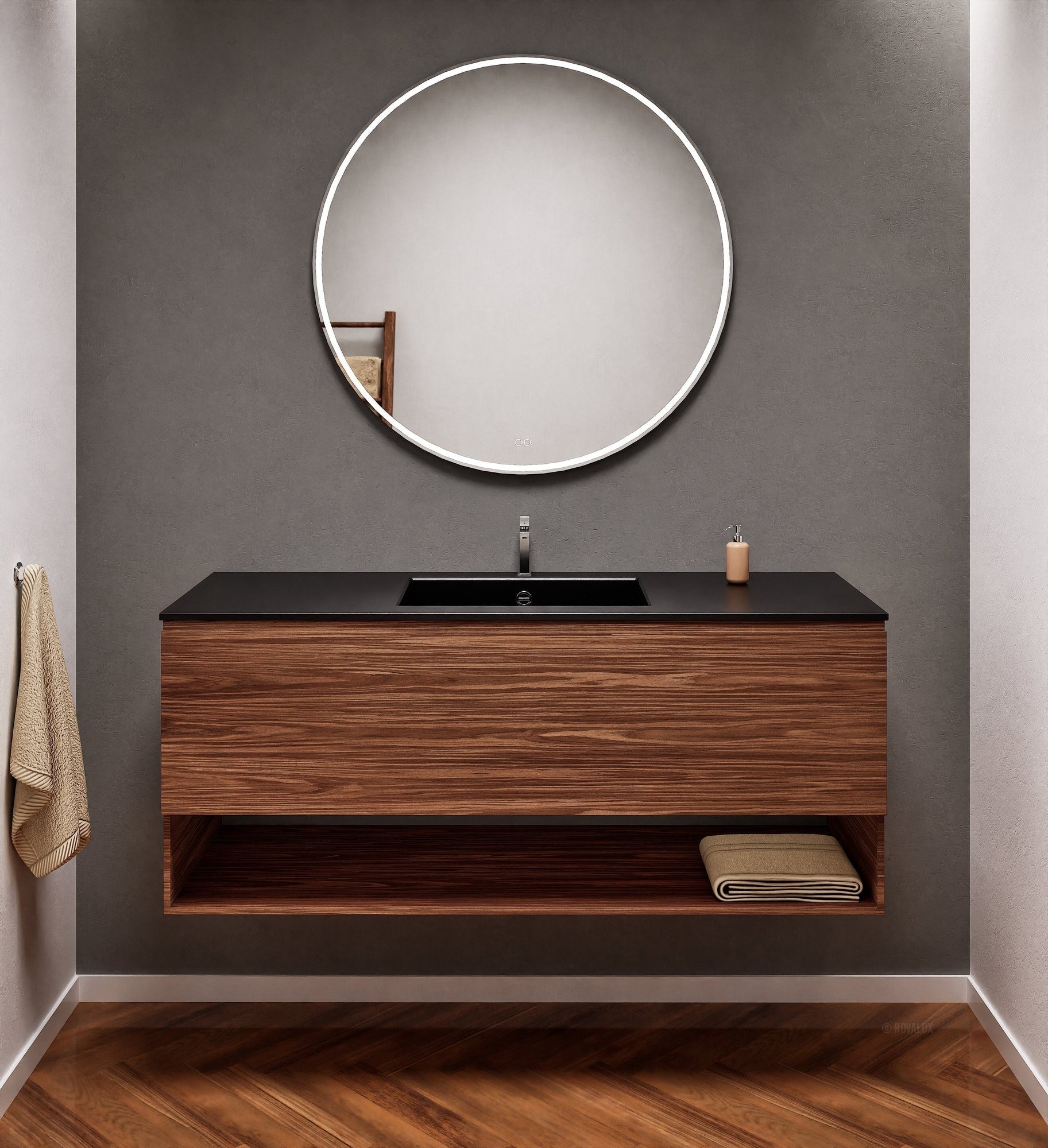 Aurora Single Set – Corian Basin & Countertop with 1 Drawer Vanity & Bottom Shelf - ROVALUX