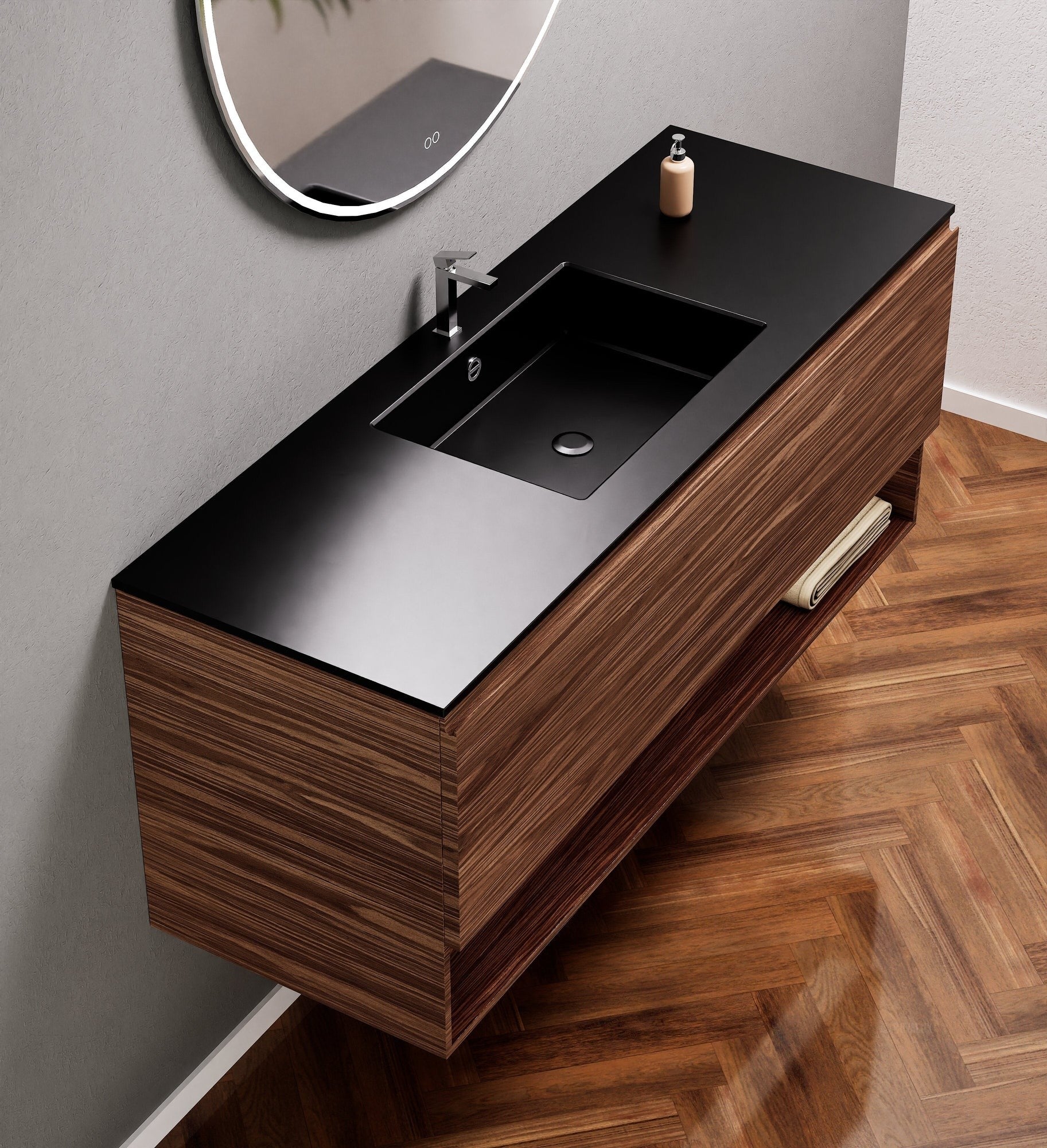 Aurora Single Set – Corian Basin & Countertop with 1 Drawer Vanity & Bottom Shelf - ROVALUX