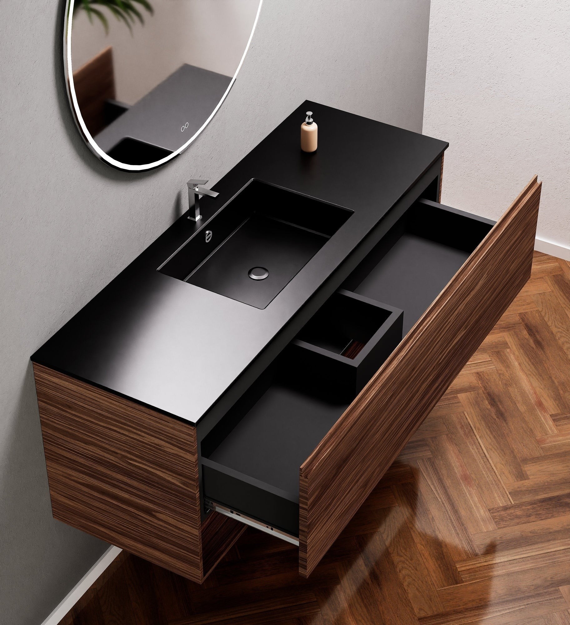 Aurora Single Set – Corian Basin & Countertop with 1 Drawer Vanity & Bottom Shelf - ROVALUX