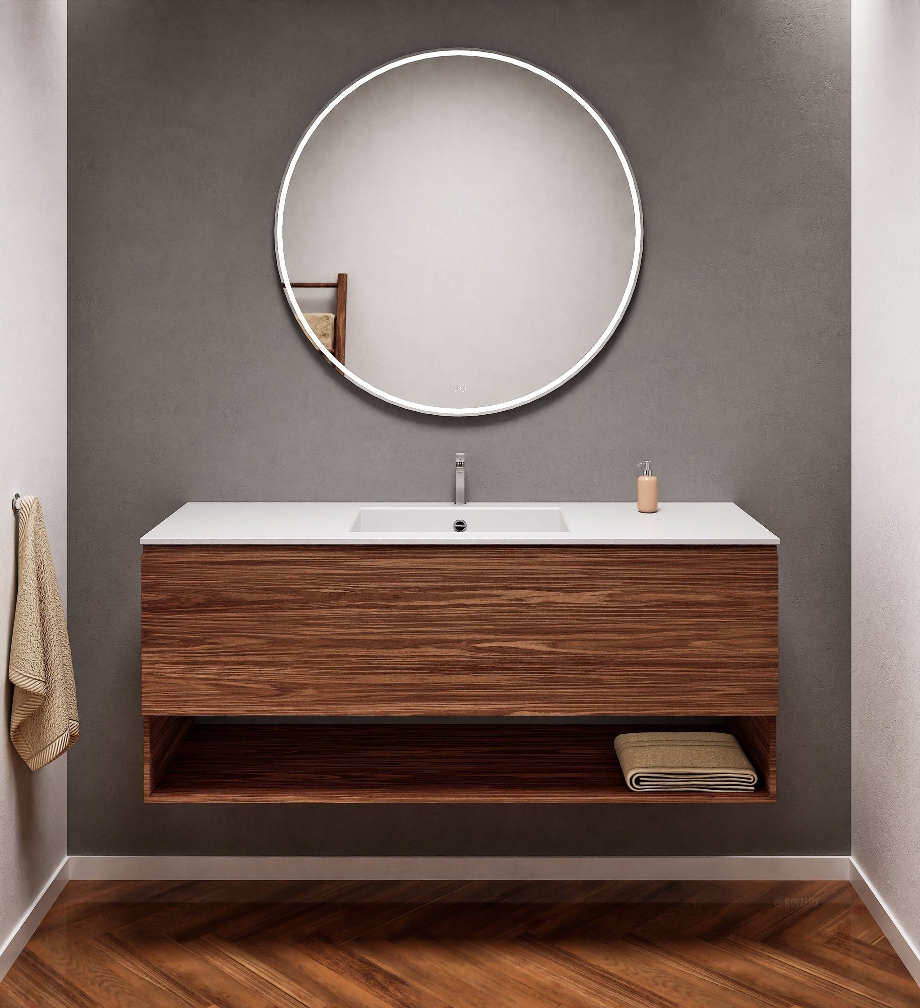 Aurora Single Set – Corian Basin & Countertop with 1 Drawer Vanity & Bottom Shelf - ROVALUX
