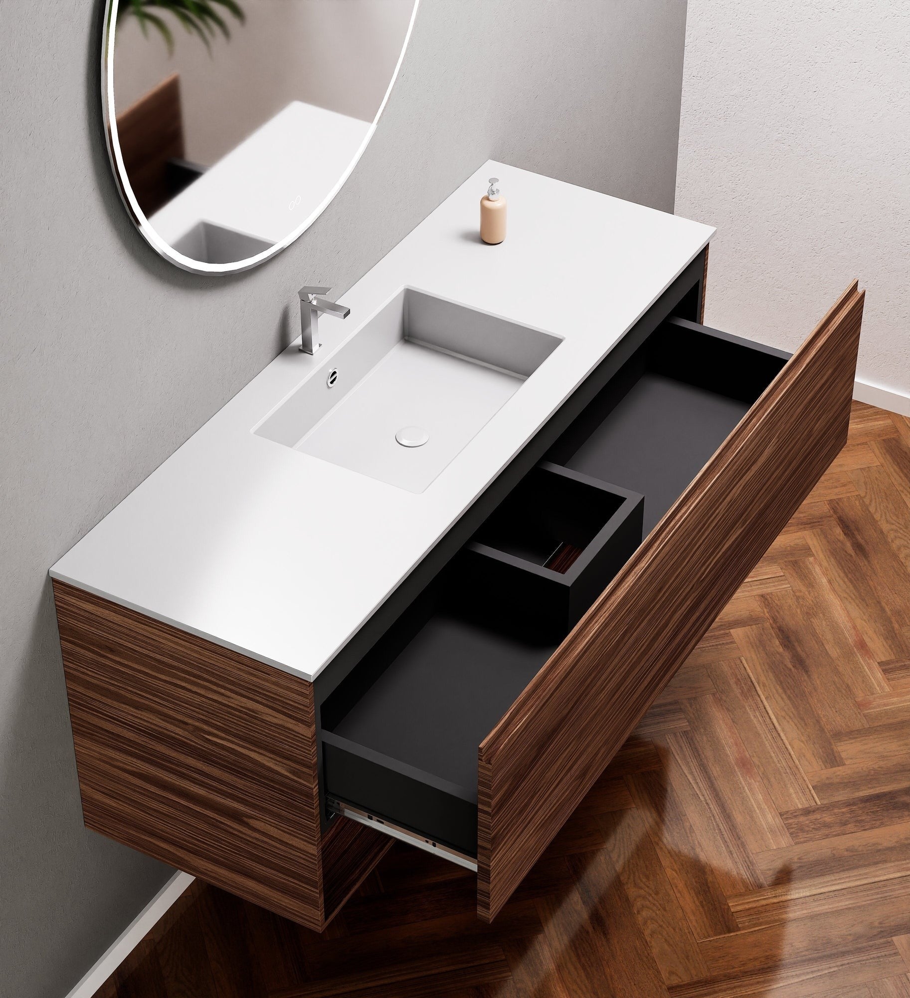 Aurora Single Set – Corian Basin & Countertop with 1 Drawer Vanity & Bottom Shelf - ROVALUX