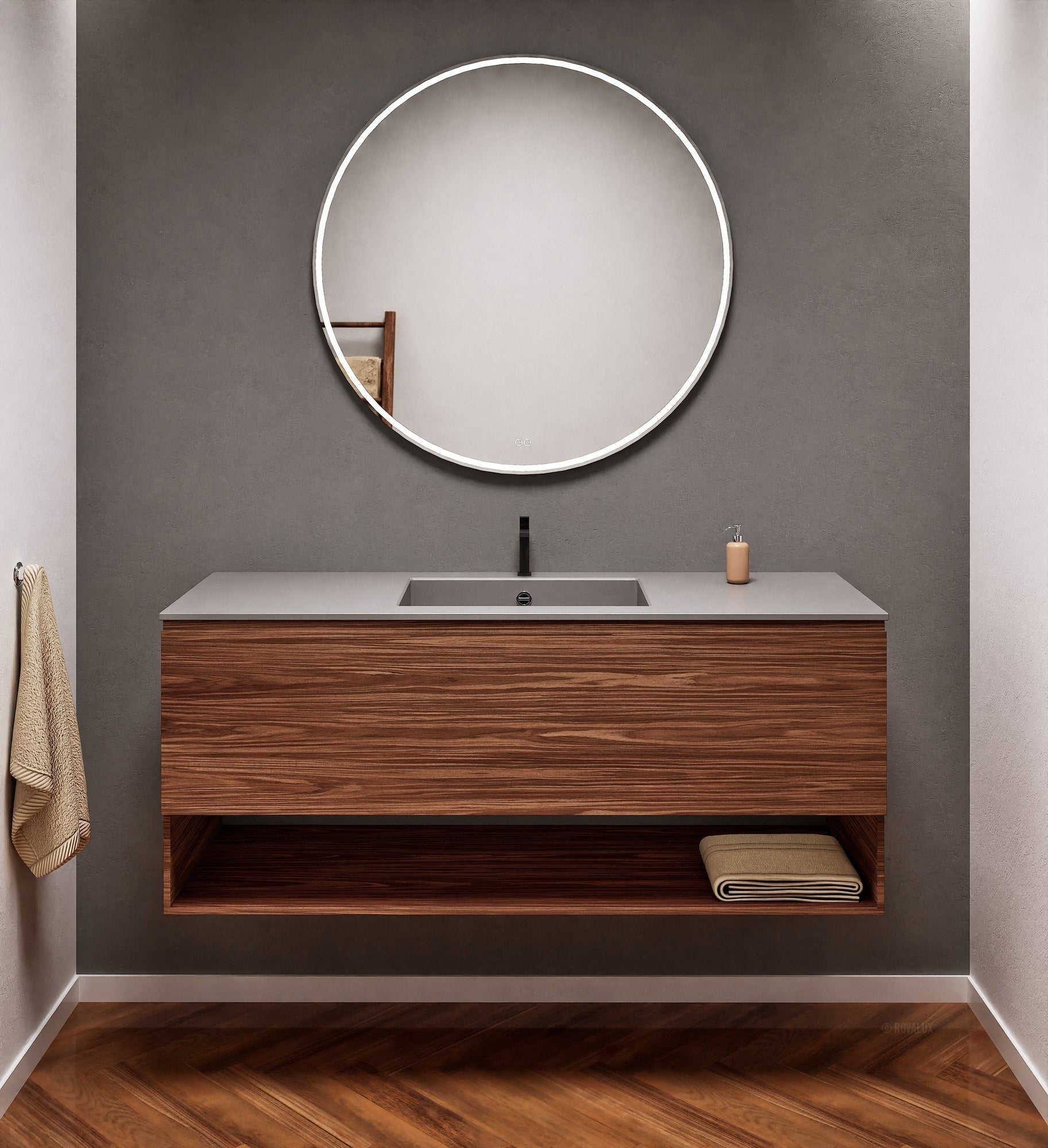 Aurora Single Set – Corian Basin & Countertop with 1 Drawer Vanity & Bottom Shelf - ROVALUX