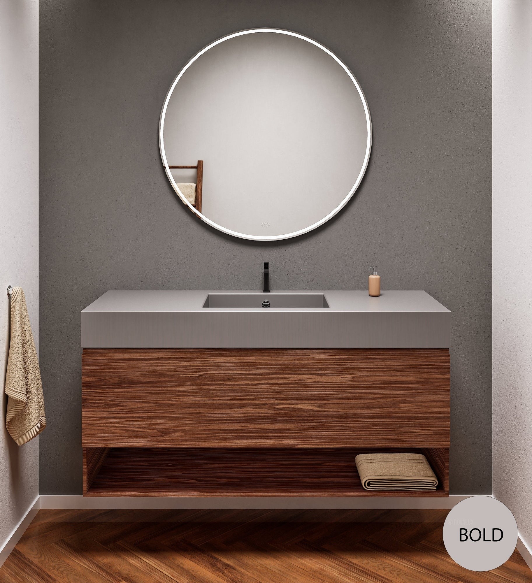 Aurora Single Set – Corian Basin & Countertop with 1 Drawer Vanity & Bottom Shelf - ROVALUX